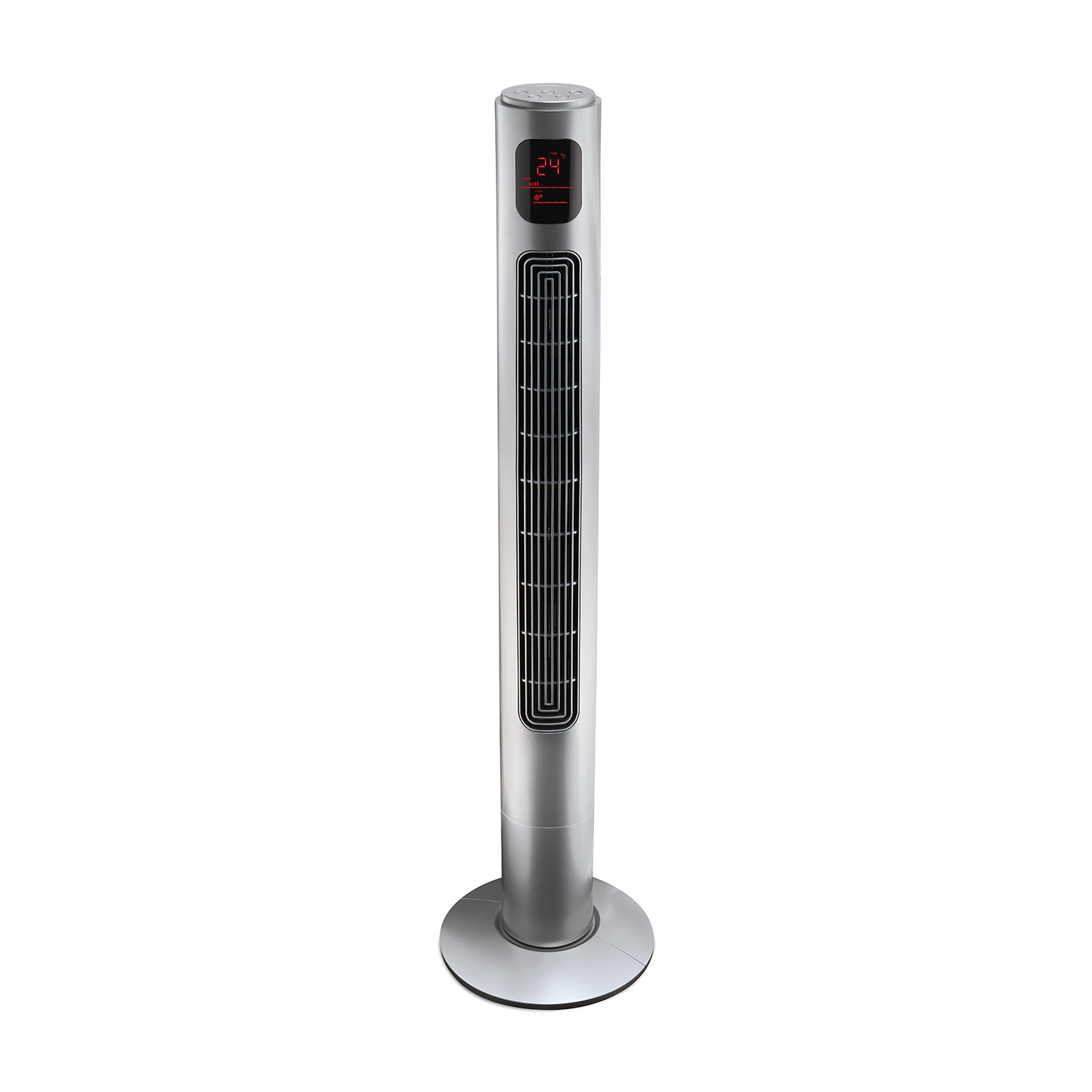 Un ventilatore a torre sottile e argentato con display digitale e fessure di ventilazione.