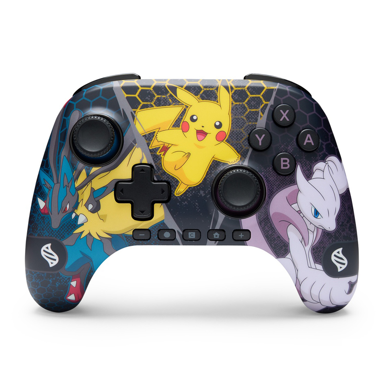 Un controller Pokémon con Pikachu, Lucario e Mewtwo su sfondo nero.