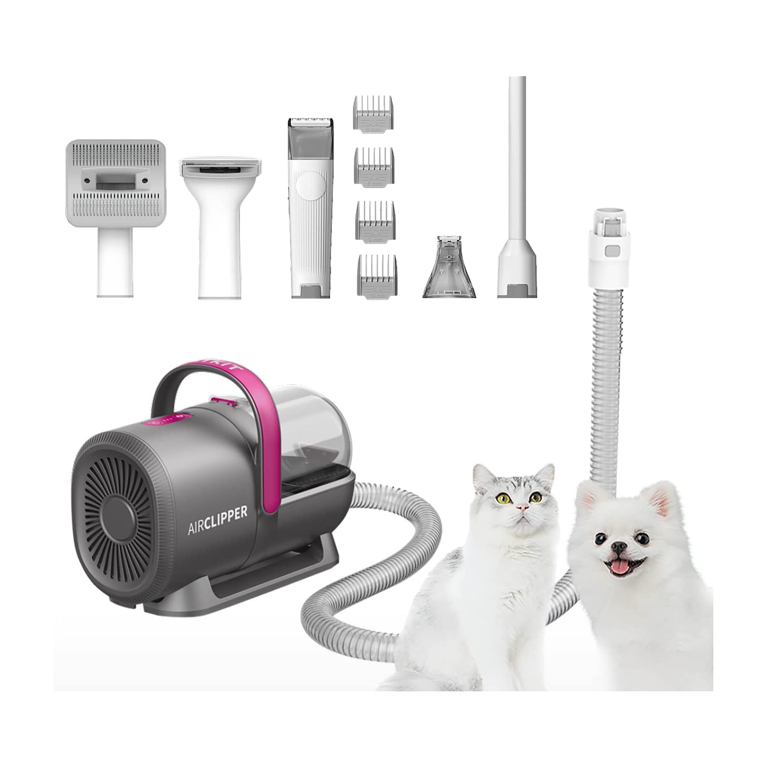 Dispositivo per la toelettatura degli animali con accessori e due animali accanto.