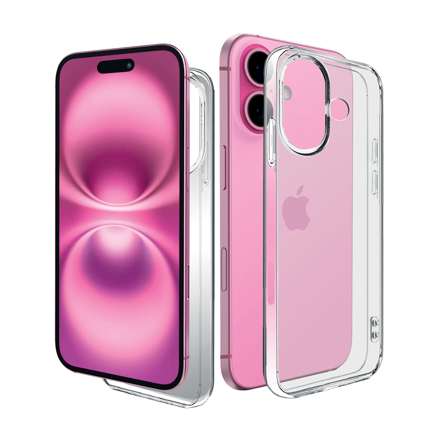 Un iPhone rose avec un étui transparent à côté.