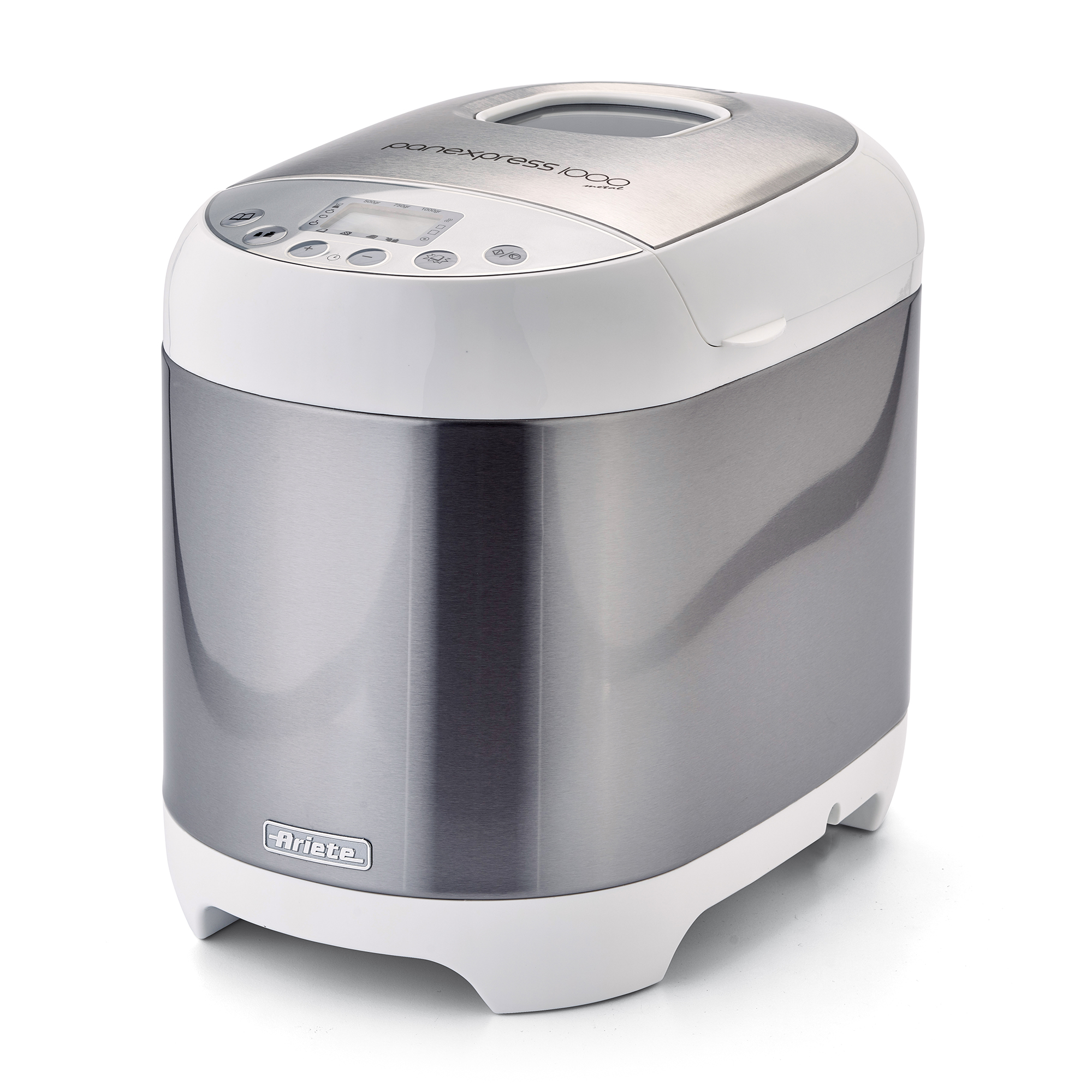 Een zilverkleurige en witte broodbakmachine met bedieningspaneel en LCD-scherm.