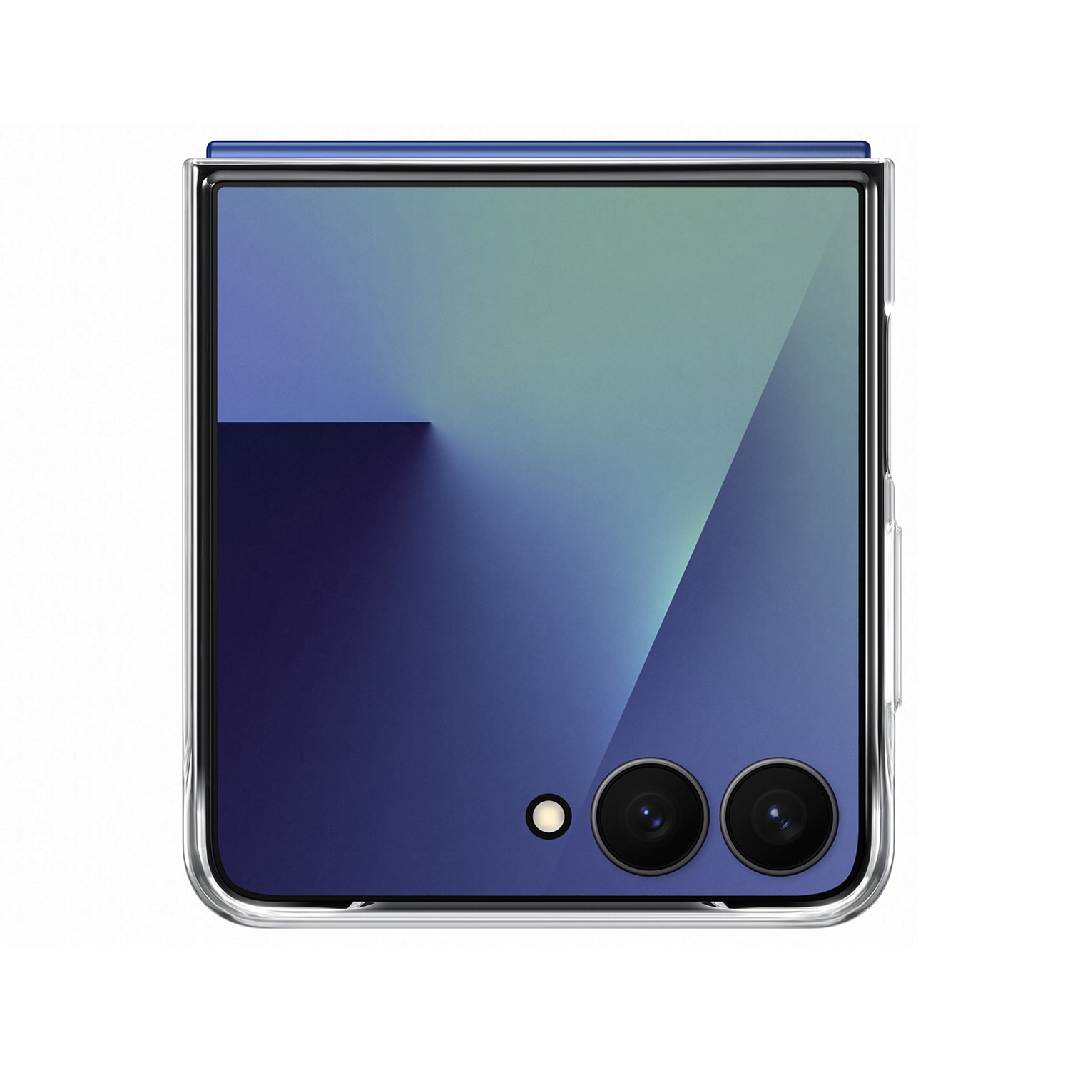 Uno smartphone blu chiuso in custodia trasparente, con due fotocamere e flash.
