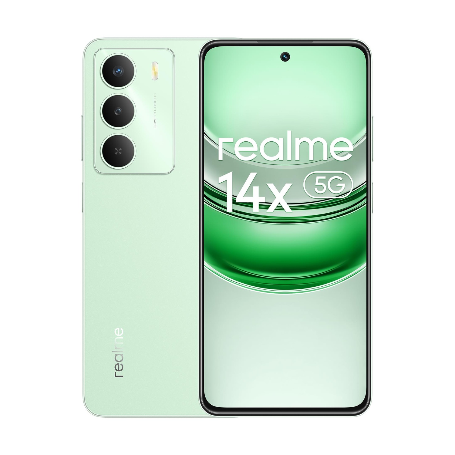 Uno smartphone verde chiaro con tre fotocamere posteriori e logo Realme.