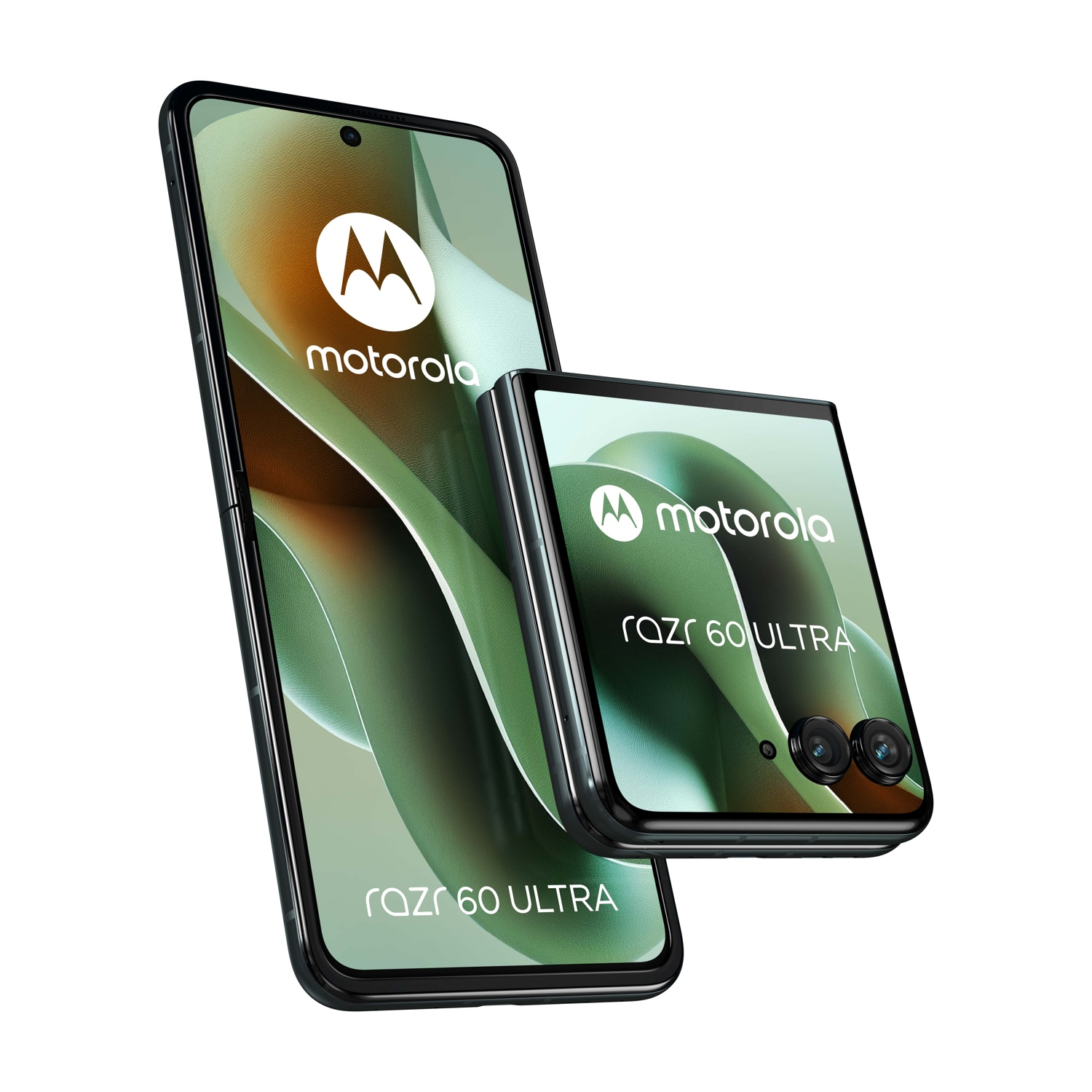 Due telefoni Motorola Razr 60 Ultra, uno aperto, uno chiuso, su sfondo bianco.