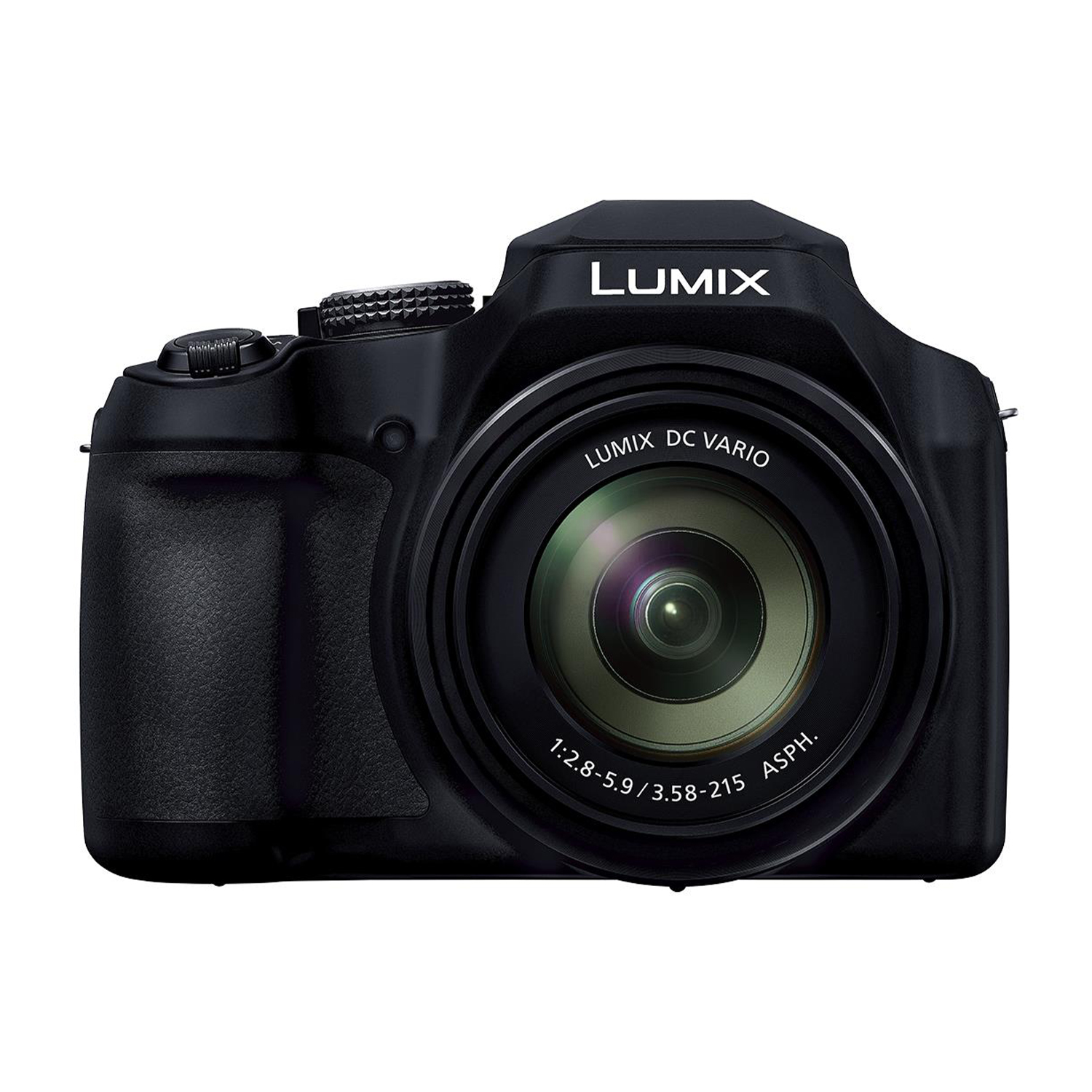 Fotocamera digitale Lumix nera con obiettivo zoom e ghiere di controllo.