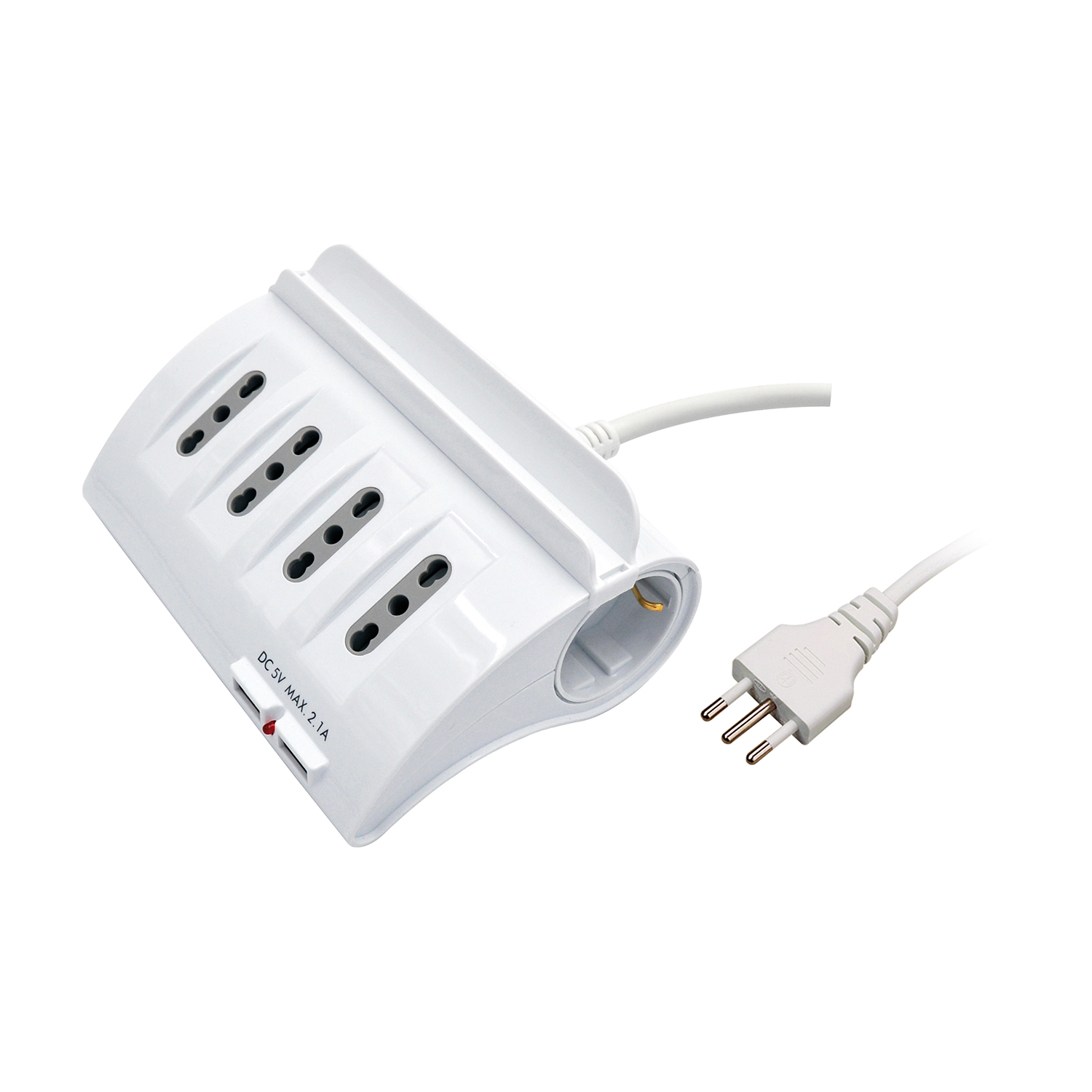 Adattatore di corrente bianco con prese multiple e porte USB.