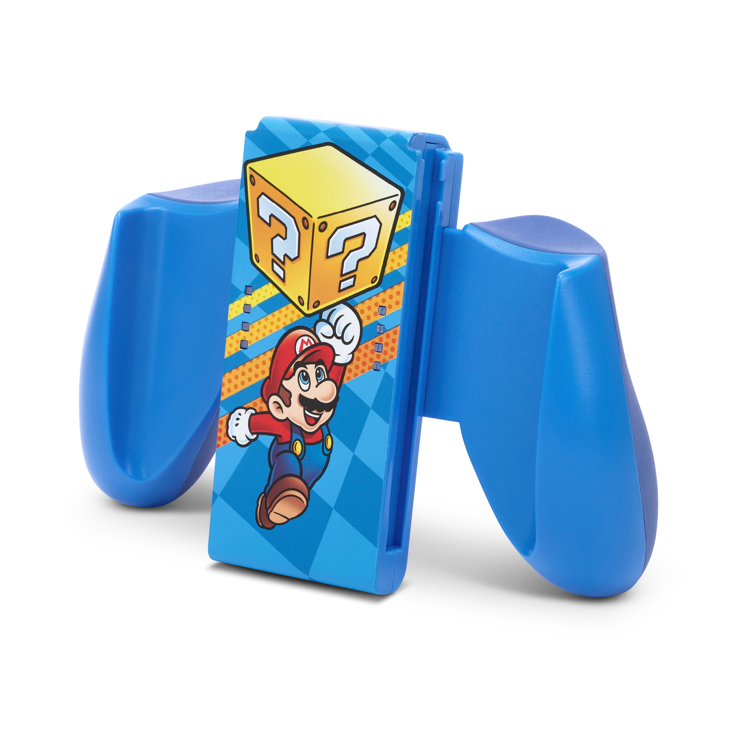 Niebieski uchwyt do kontrolera Mario z blokiem znaku zapytania i grafiką Mario.