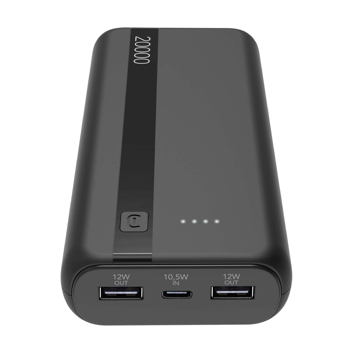 Power bank nera da 20000 con due porte USB-A e una USB-C.