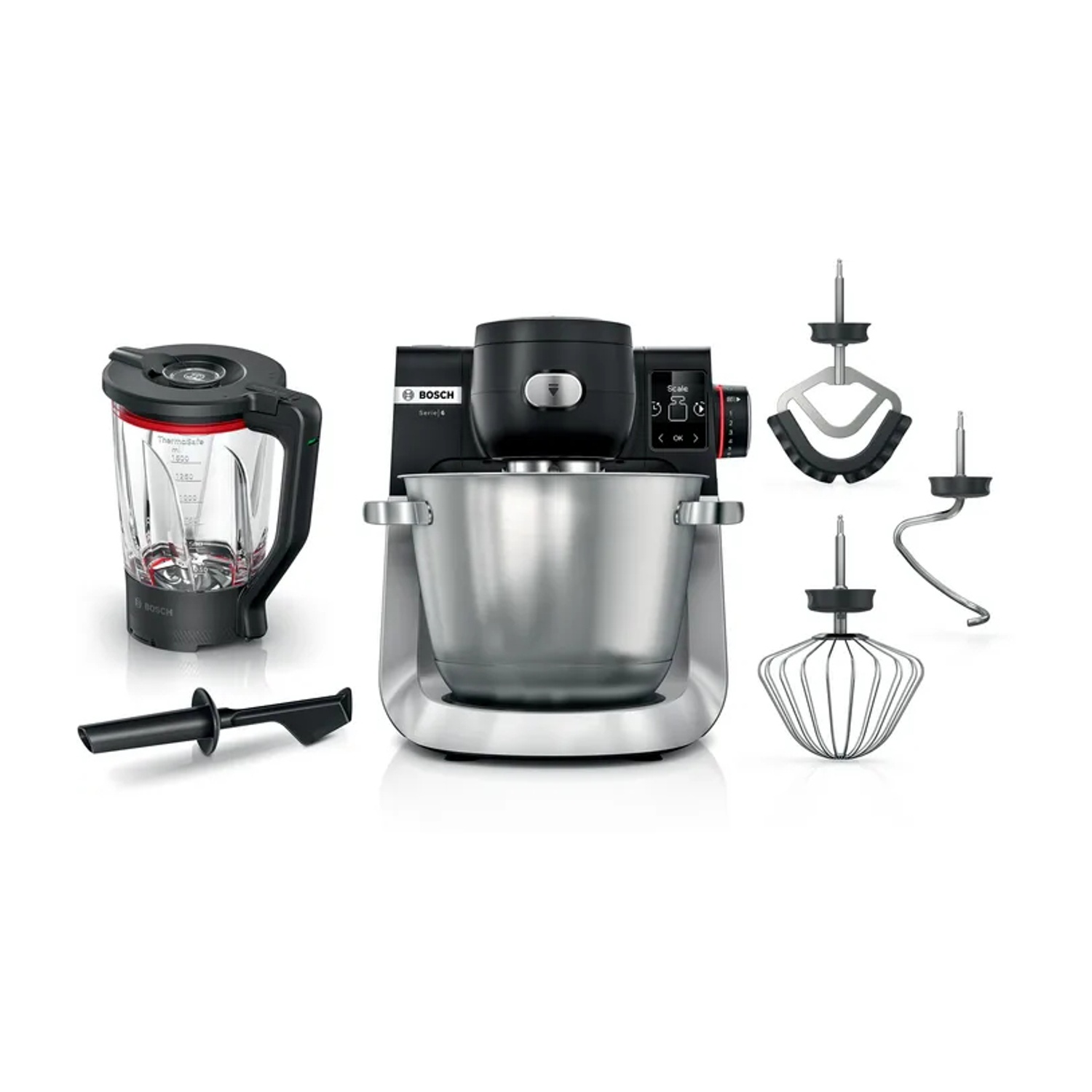 Robot da cucina con frullatore, ciotola e accessori.