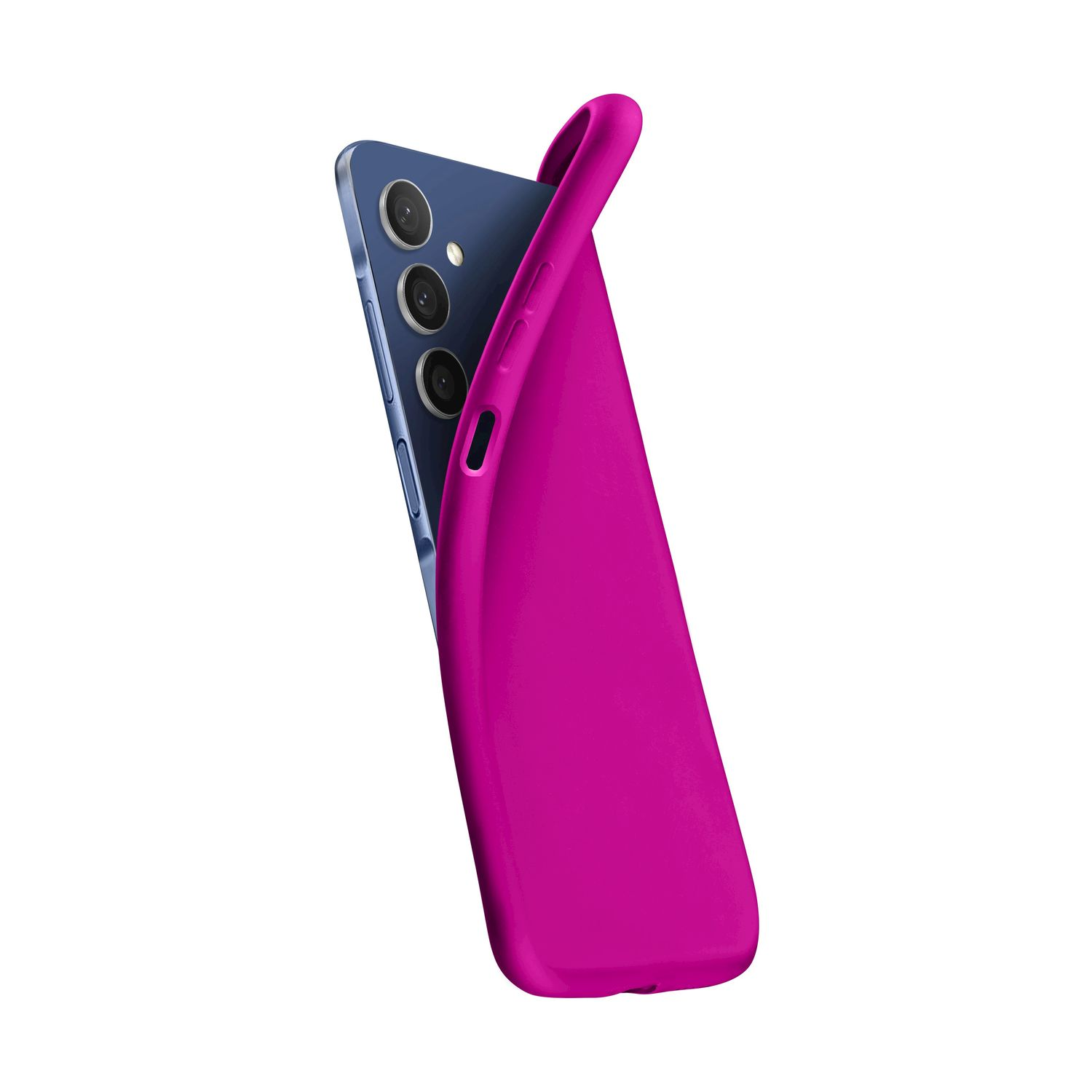 Uno smartphone blu con tre fotocamere viene inserito in una custodia rosa.