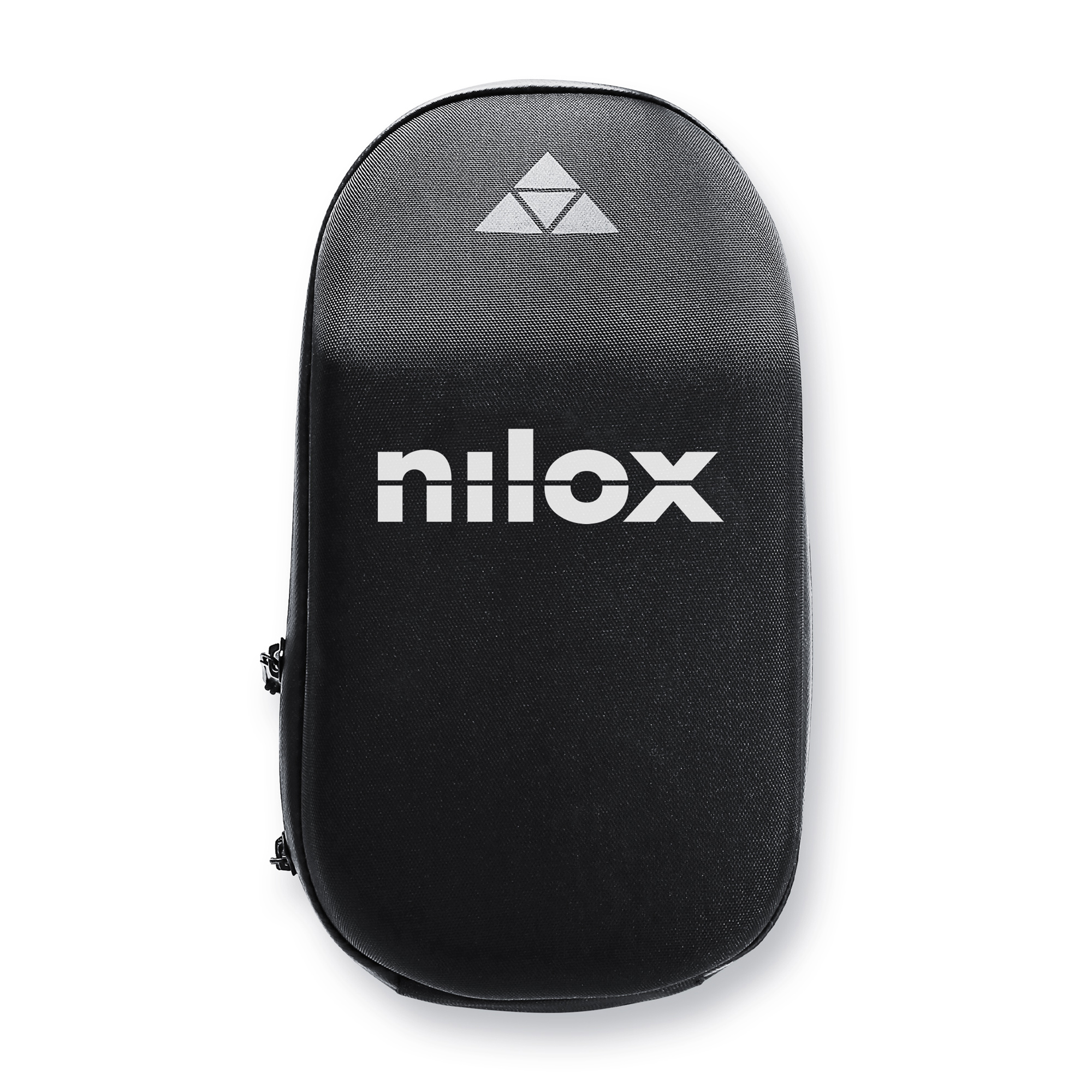 Schwarze Tasche mit weißem Nilox-Logo und Dreiecks-Symbol.