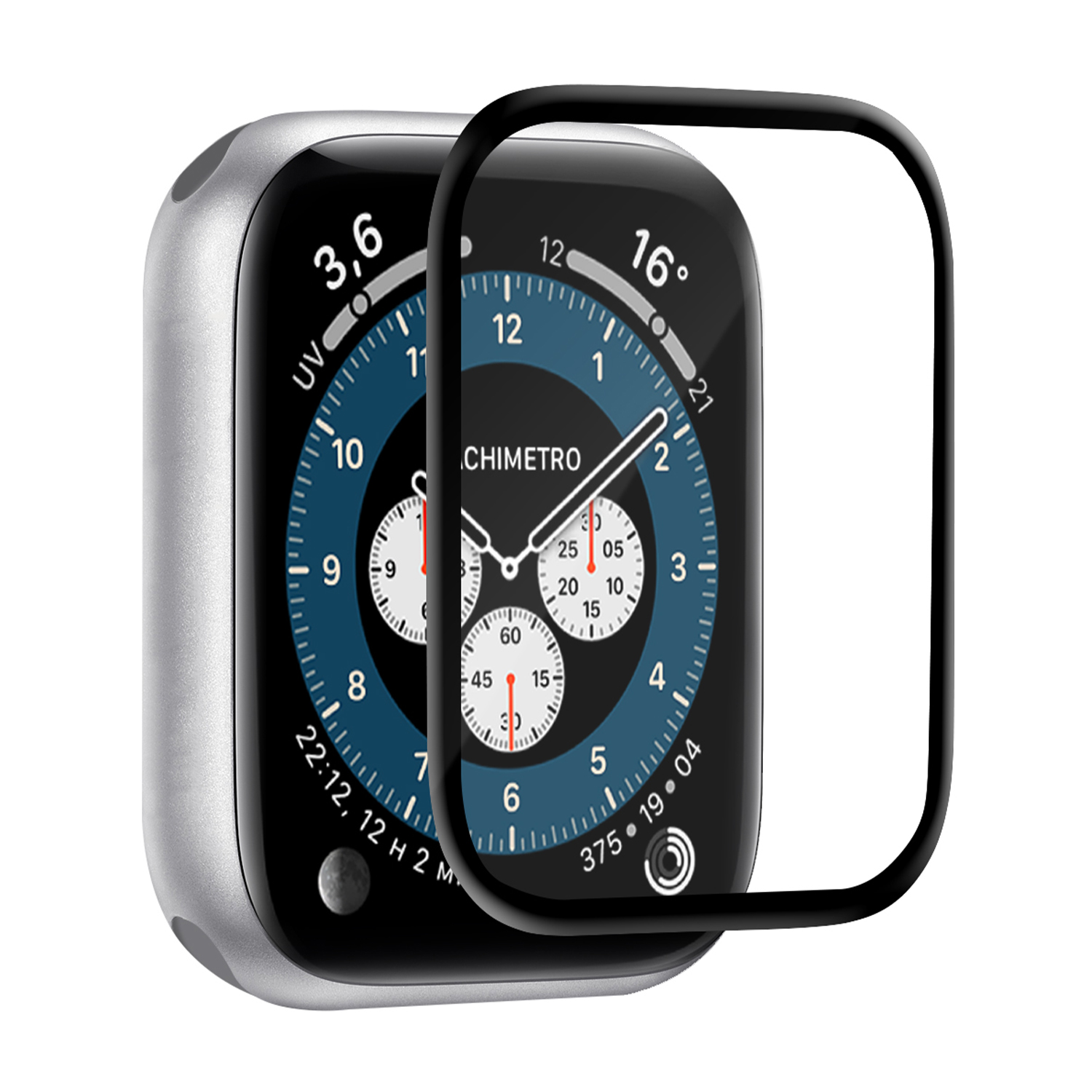 Uno smartwatch argentato con un vetro protettivo leggermente spostato.
