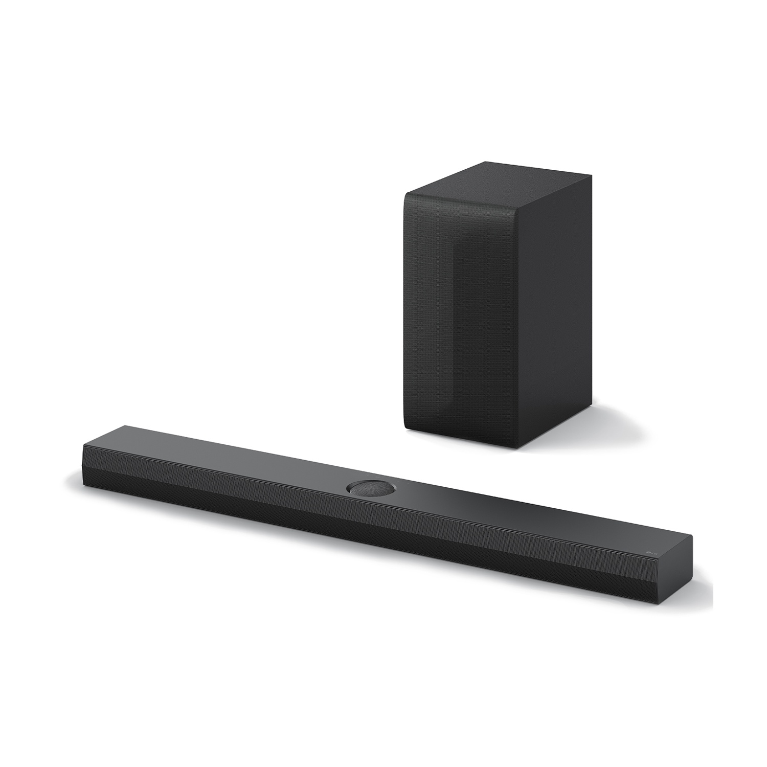 Schwarzer Soundbar und Subwoofer auf weißem Hintergrund.