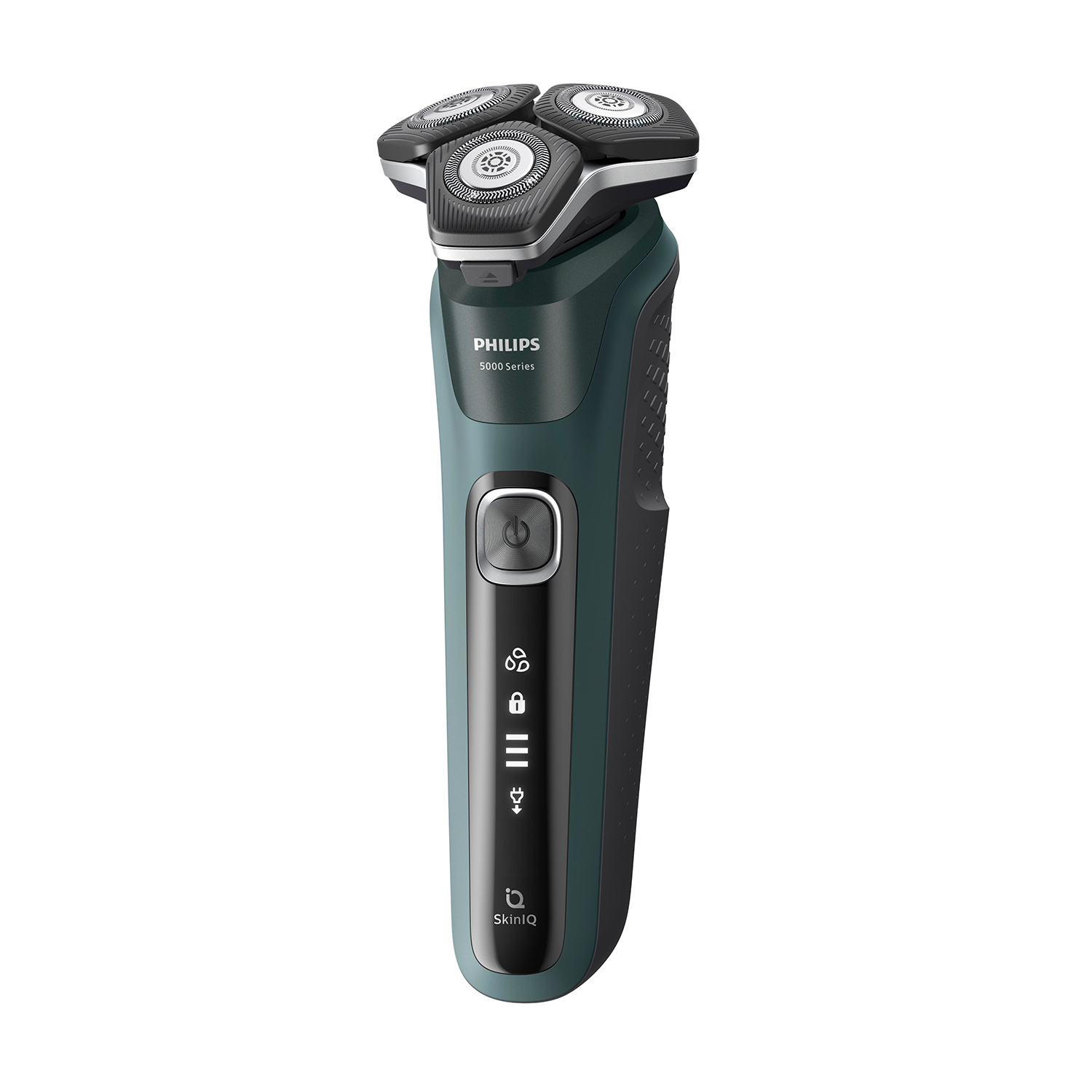 Un rasoir électrique Philips Série 5000 vert avec trois têtes de rasage rotatives.