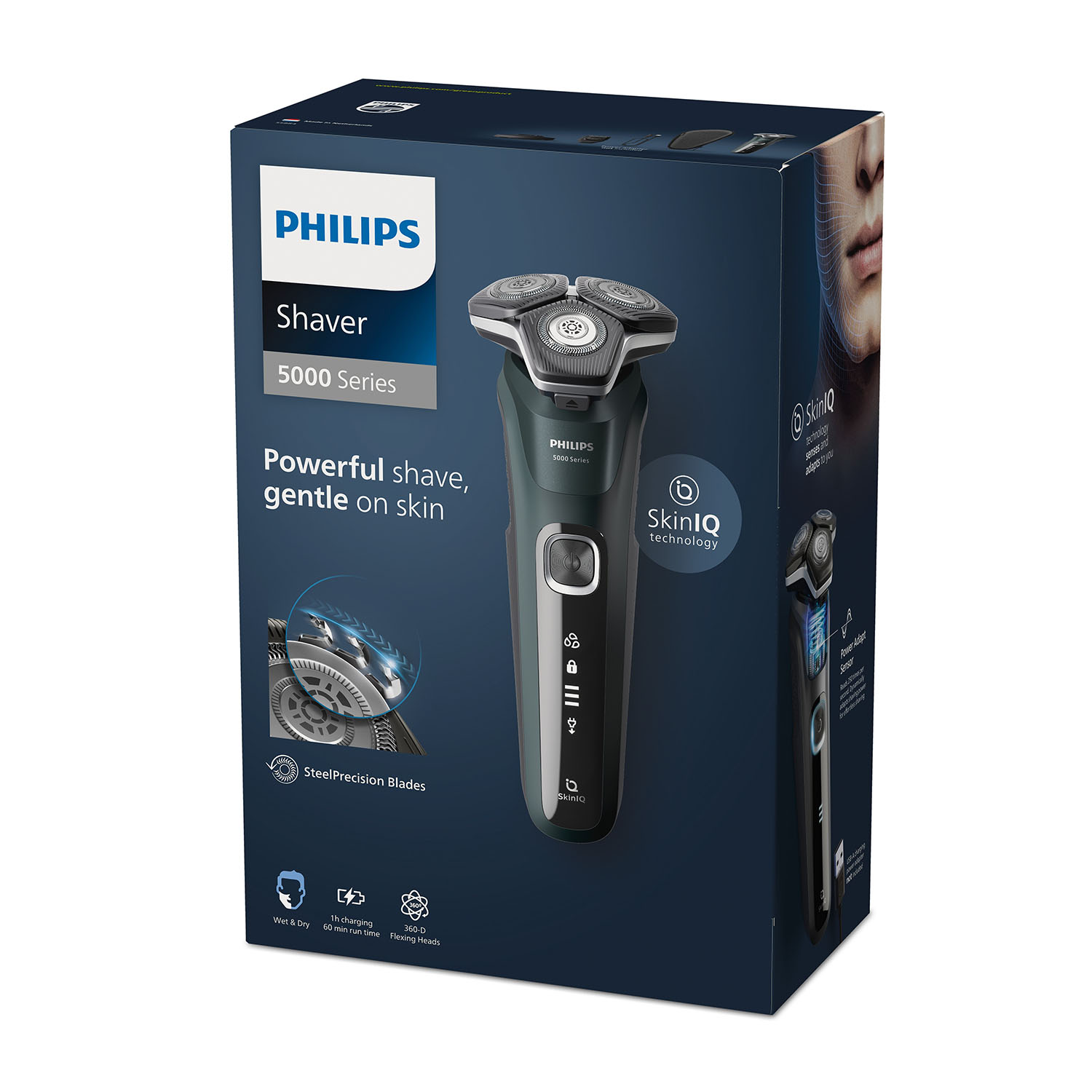 Emballage d'un rasoir Philips Série 5000 aux accents argentés et bleu foncé.