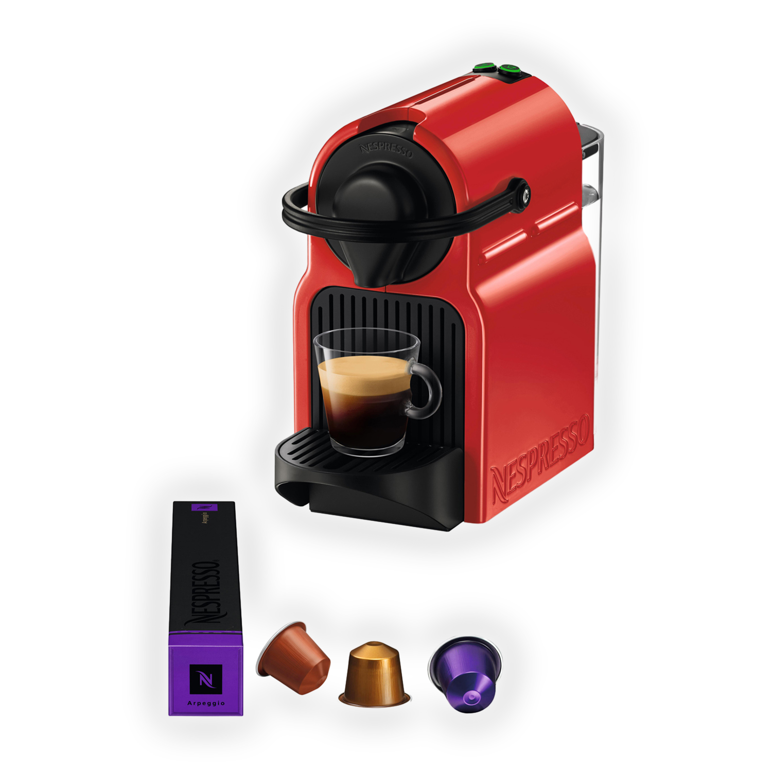 Czerwony ekspres Nespresso z filiżanką kawy, kapsułkami i opakowaniem.