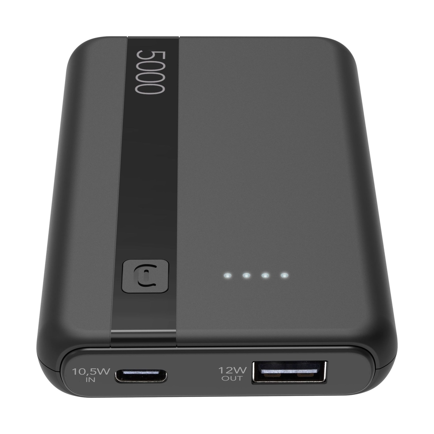 Schwarzes Powerbank mit USB-A und USB-C Anschlüssen, 5000mAh.