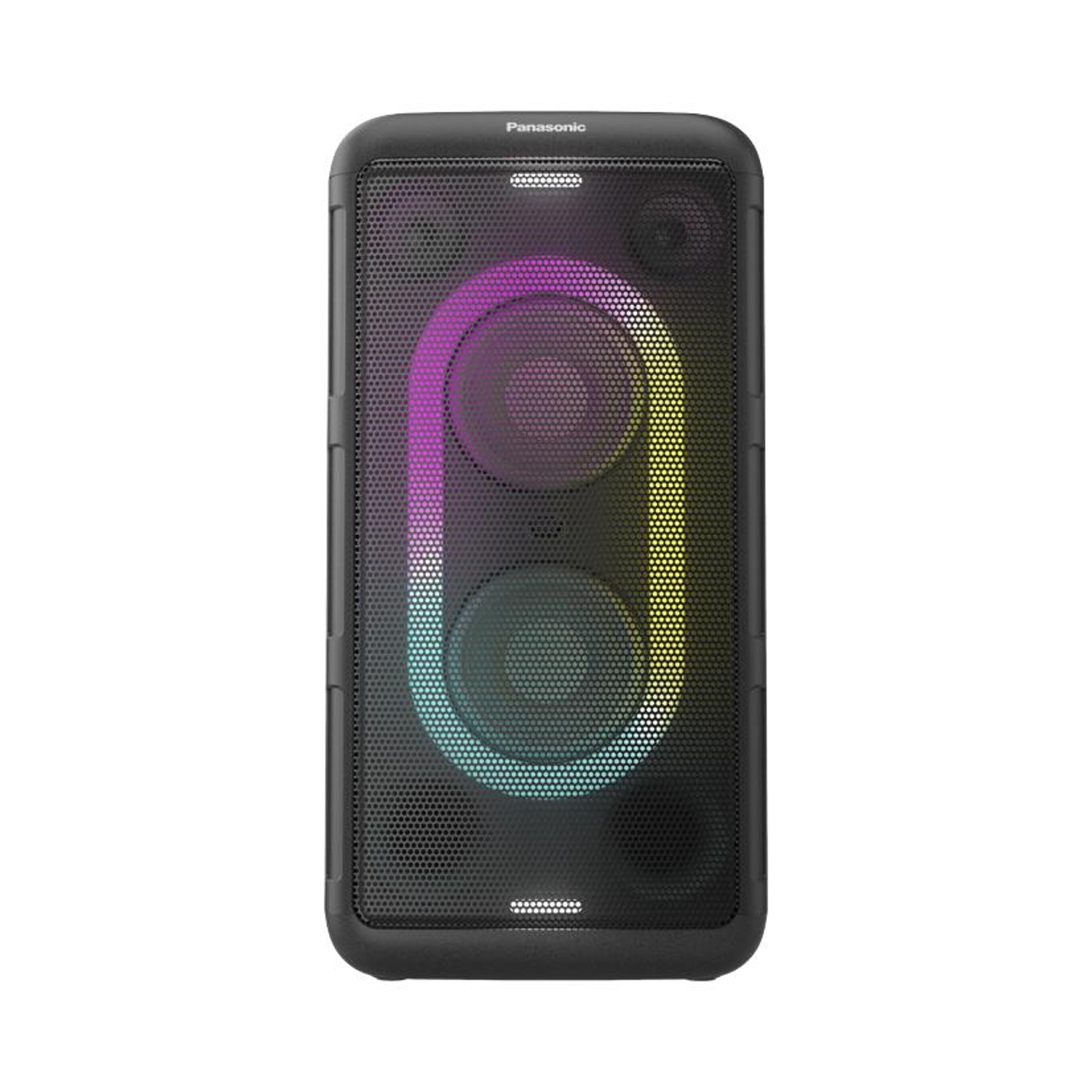 Altavoz Panasonic negro con luces de colores y rejilla.