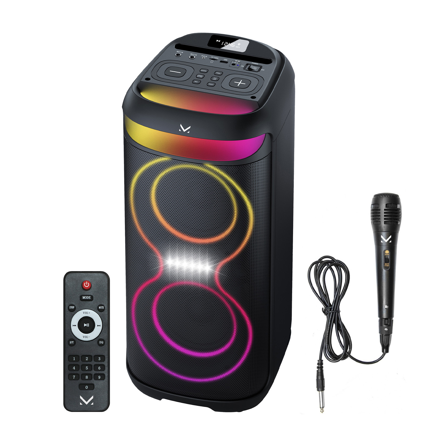 Altavoz Bluetooth negro con micrófono, control remoto y luces de colores.