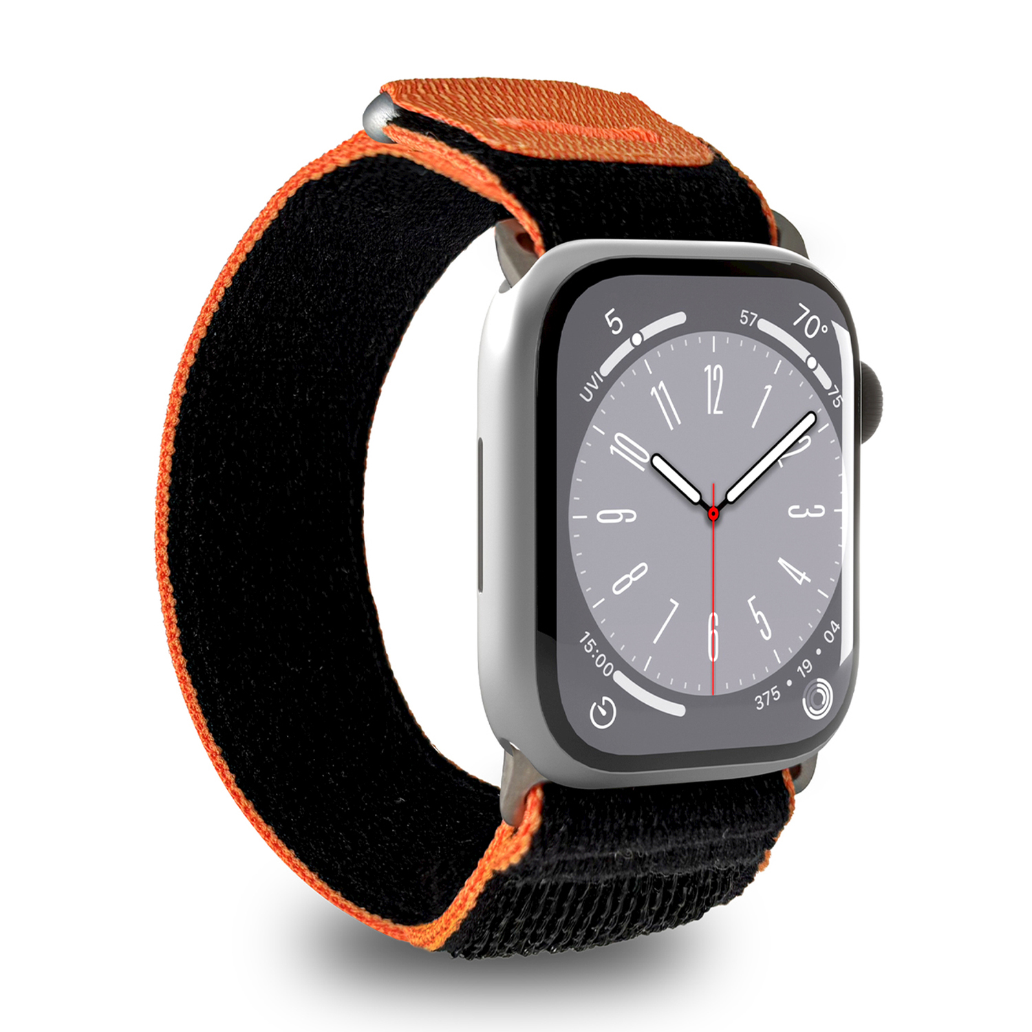 Un reloj inteligente con correa de tela negra y naranja sobre fondo blanco.