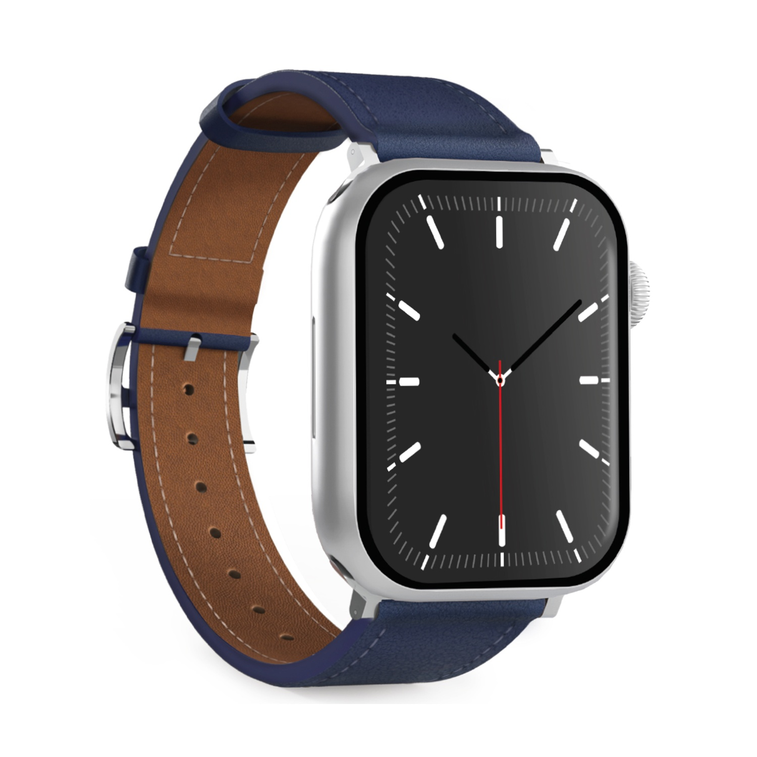 Un reloj inteligente plateado con esfera negra y correa de cuero azul.