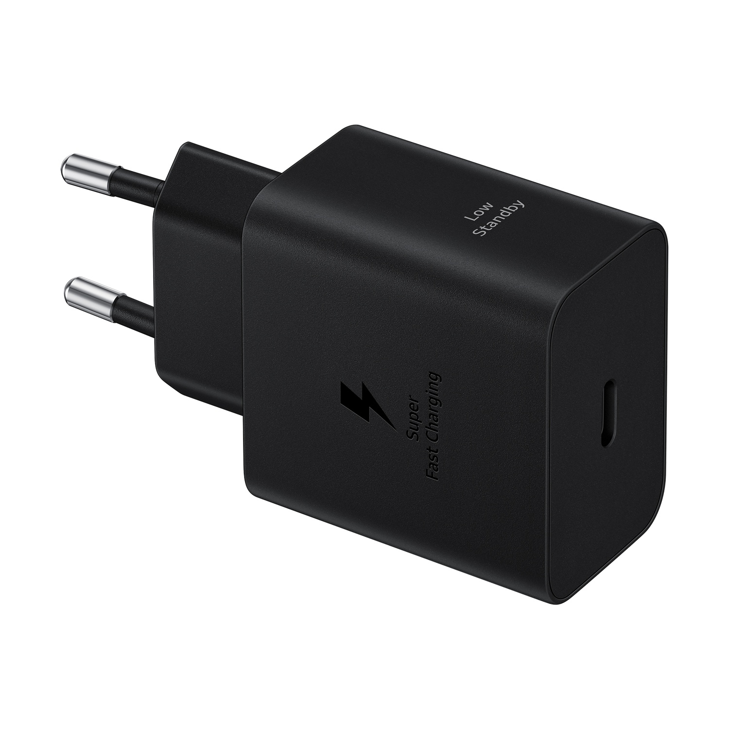 Caricatore nero con due pin, porta USB-C e testo "Super Fast Charging".
