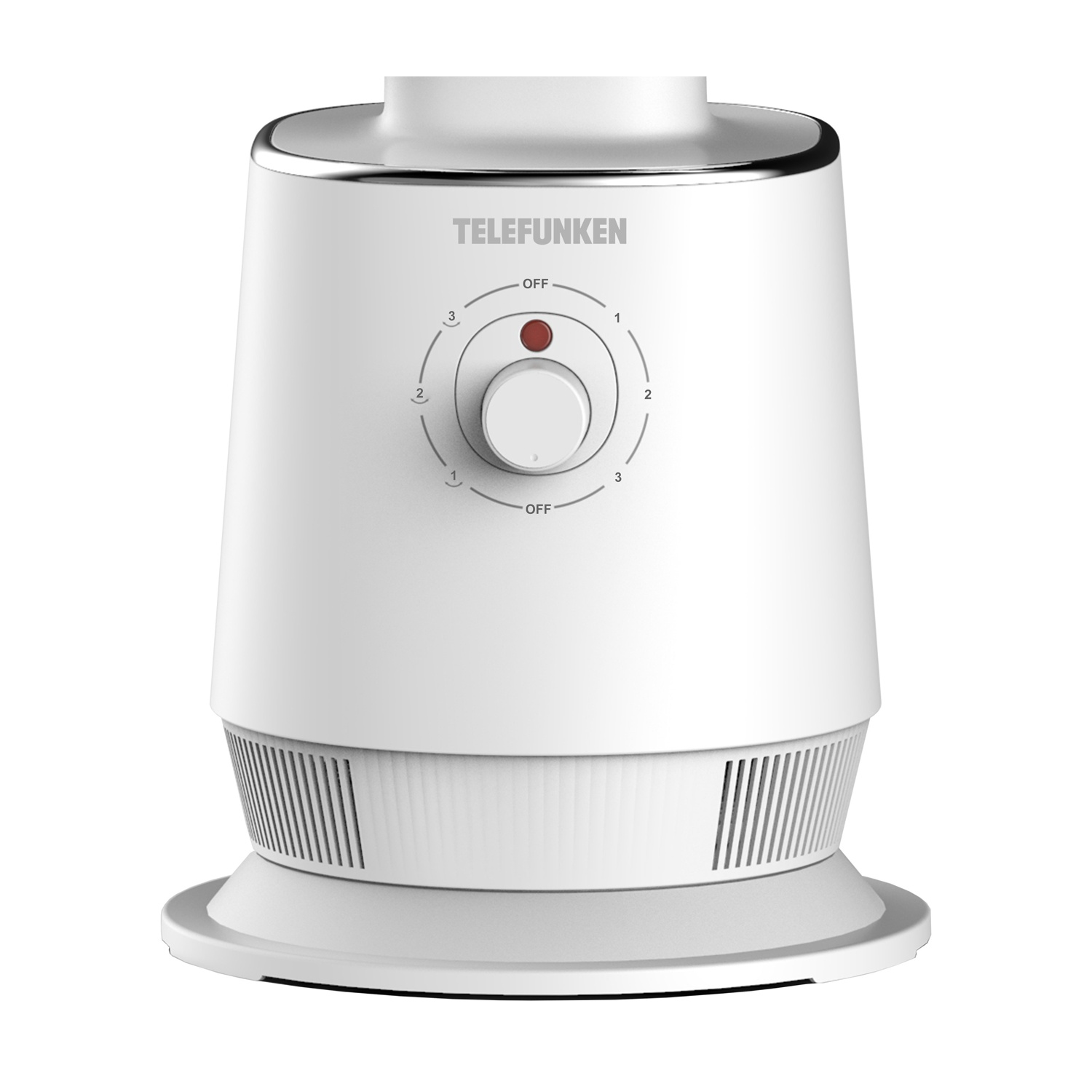 A white Telefunken heater with a rotary dial and ventilation slots.