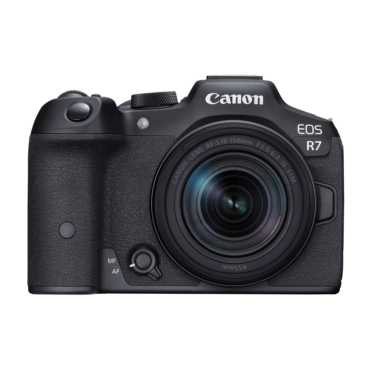 Cámara Canon EOS R7 negra con objetivo RF-S 18-150mm.