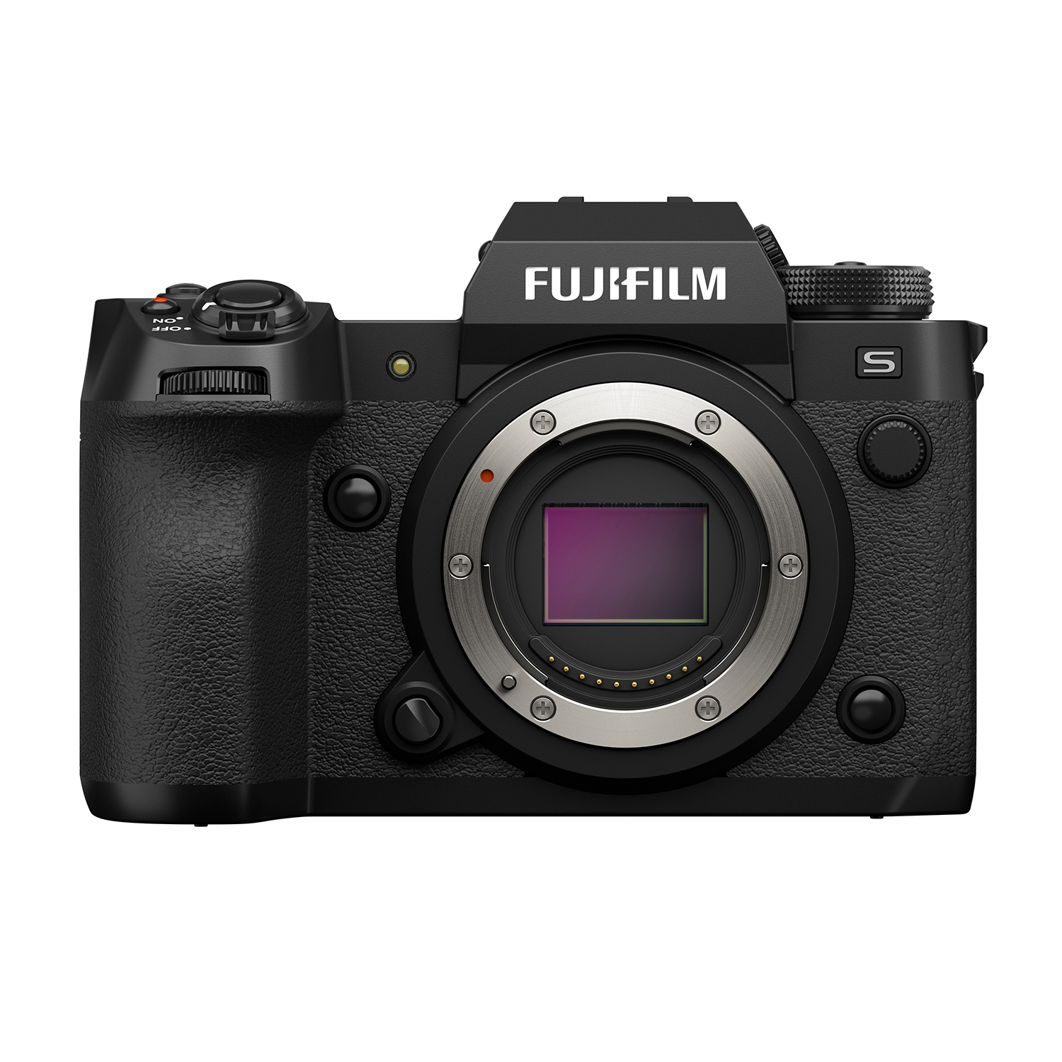 Cámara Fujifilm negra con montura de objetivo y anillo plateado.