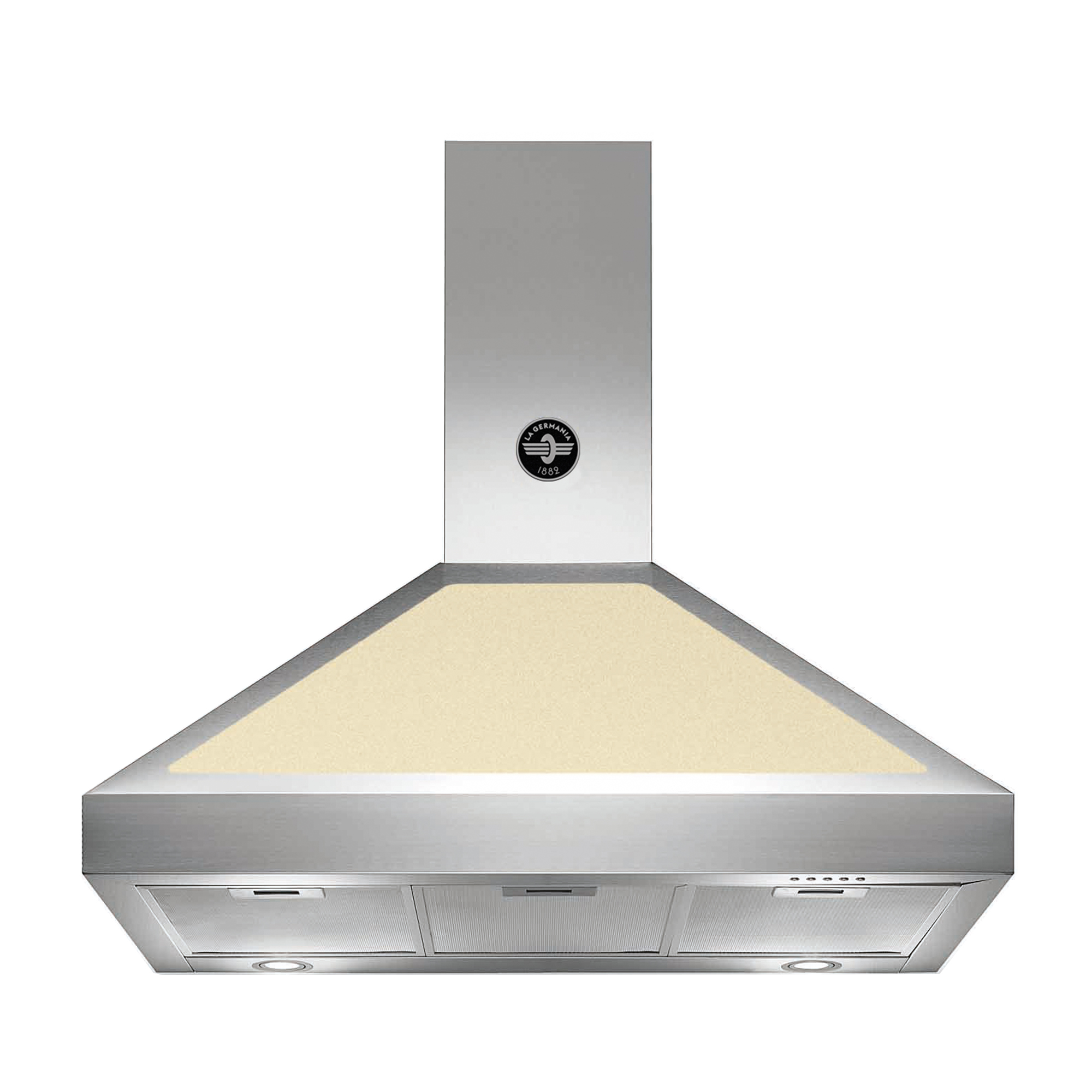 Cappa in acciaio inox con inserto color crema e logo.