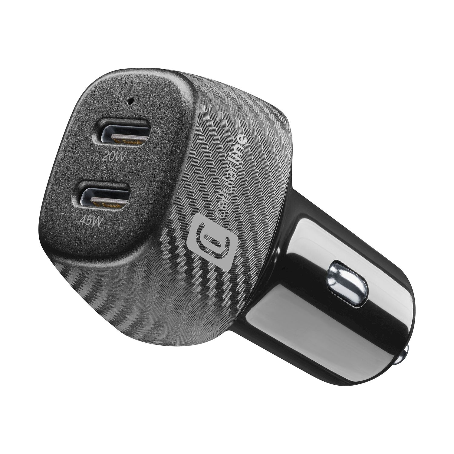 Caricatore per auto nero con due porte USB-C: 20W e 45W.