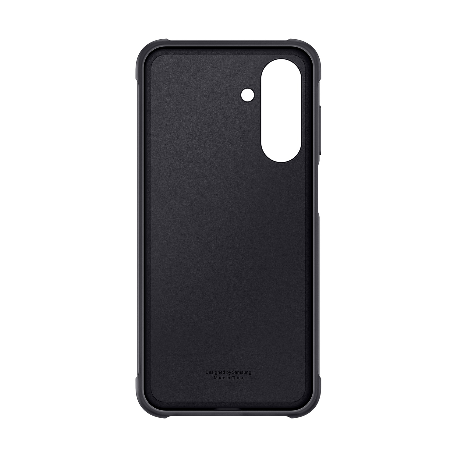Czarne etui na telefon z wycięciem na aparat i logo Samsung.