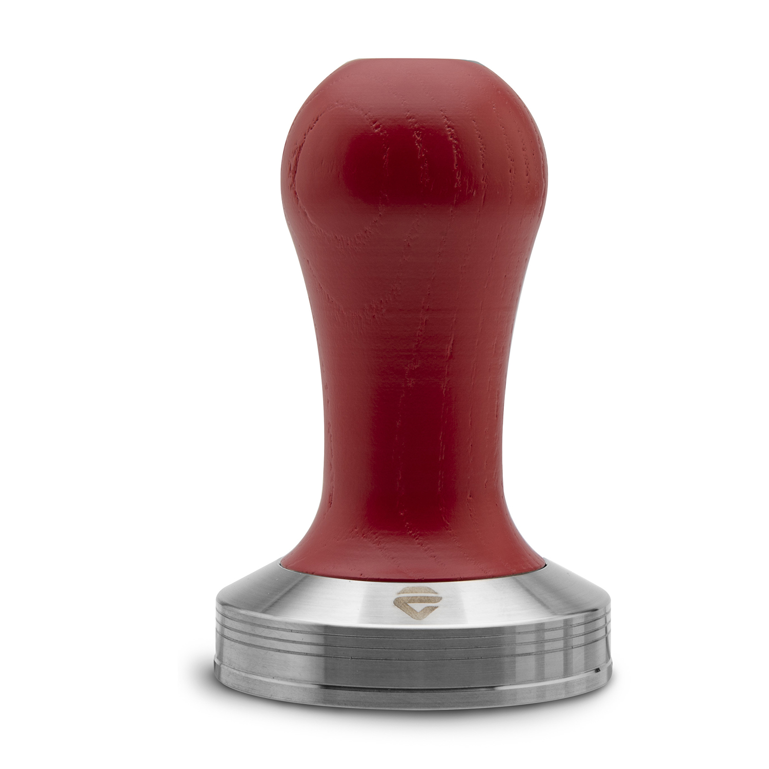 Un tamper da caffè rosso con manico in legno e base in metallo.