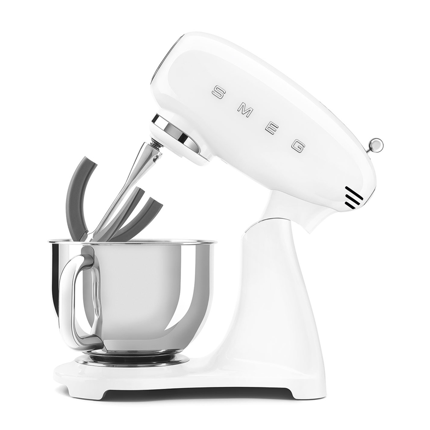 Una planetaria Smeg bianca con ciotola e gancio argentati.