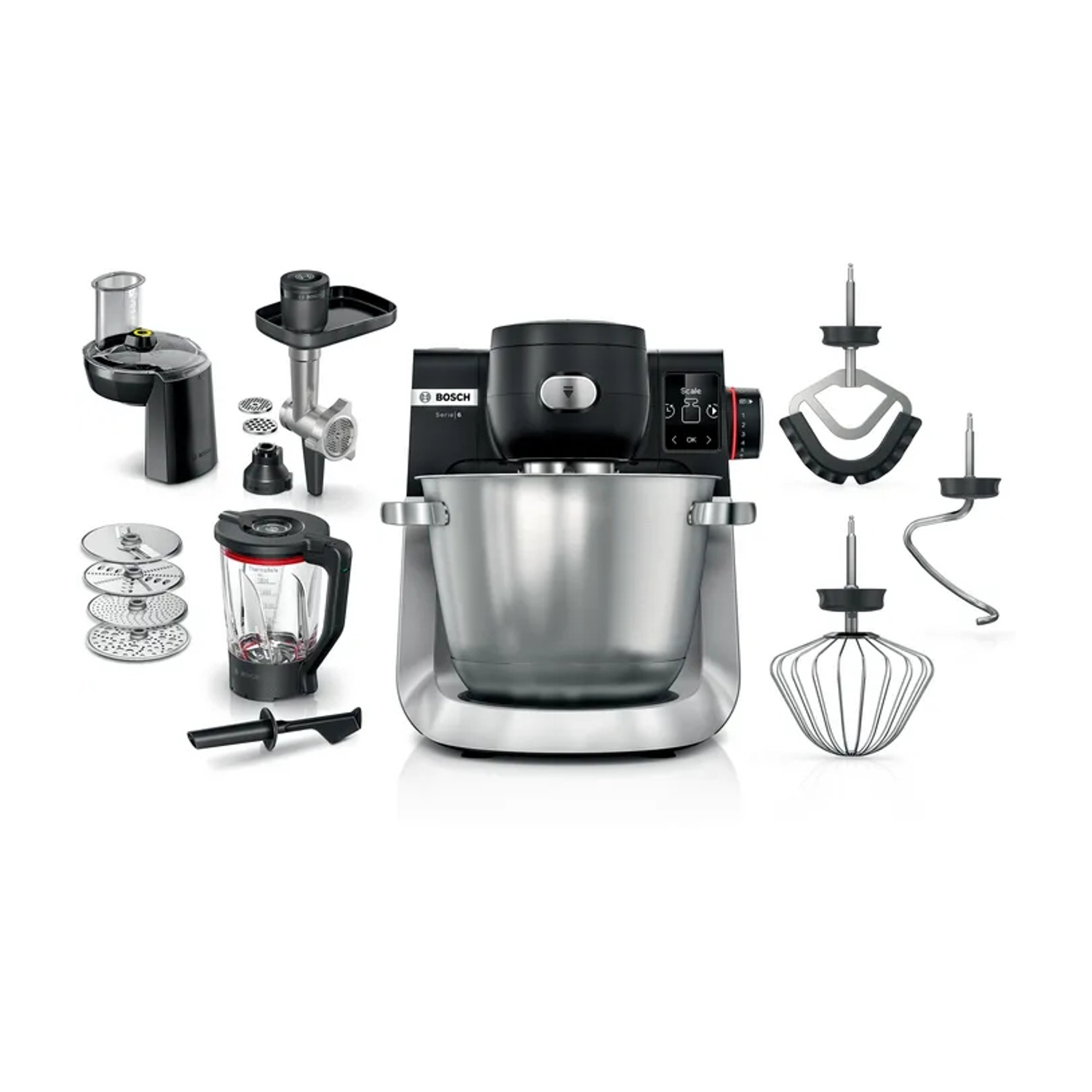 Un set di robot da cucina Bosch con ciotola in metallo, tritacarne, accessorio frullatore e frusta.