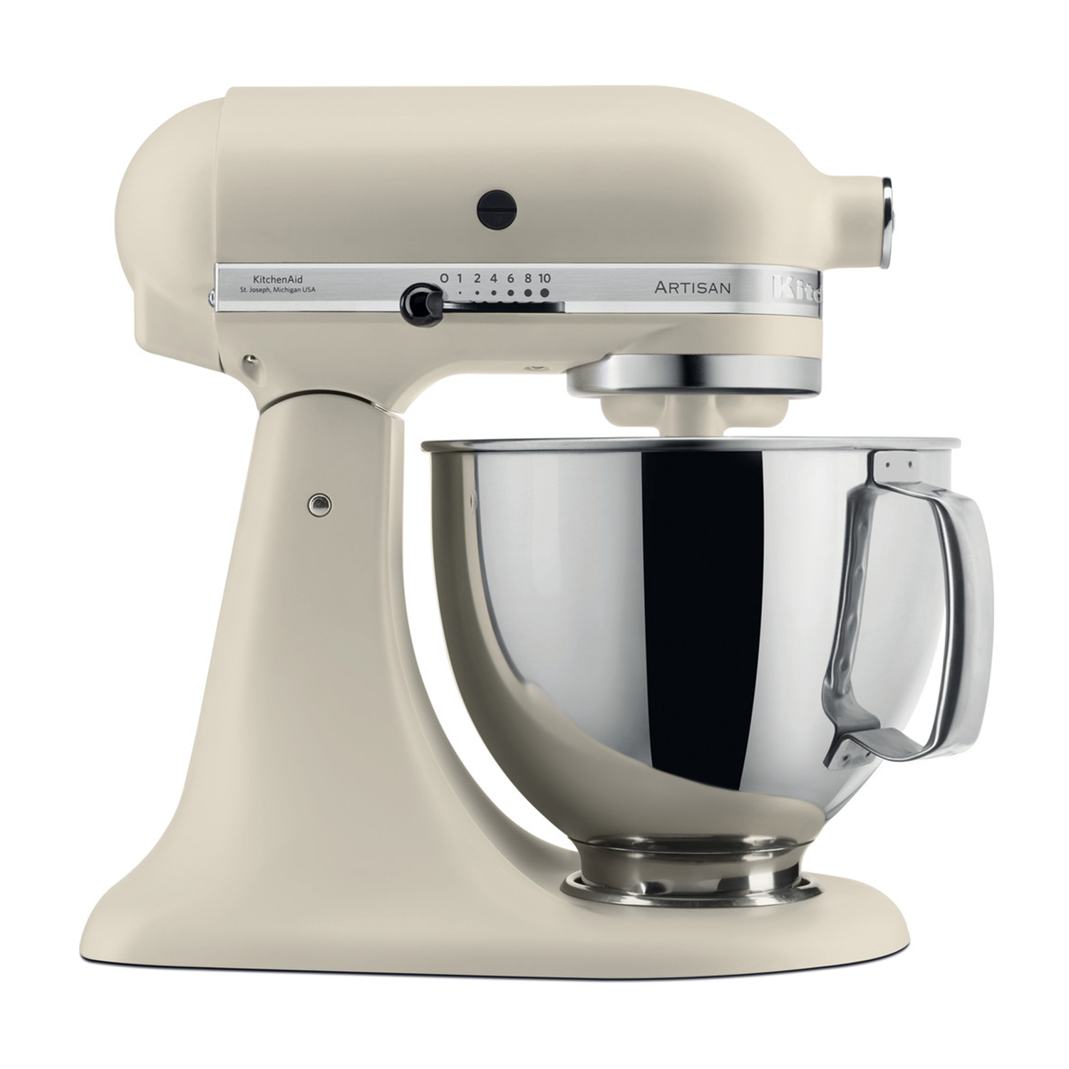Una planetaria KitchenAid Artisan color crema con ciotola in acciaio.