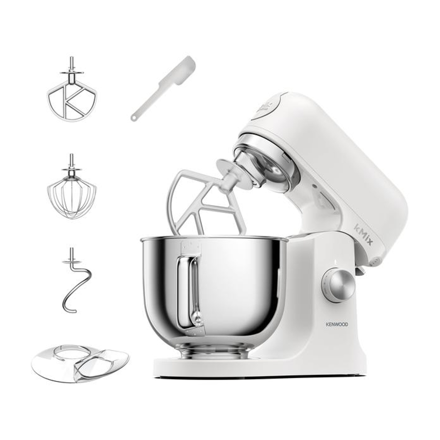 Un robot da cucina Kenwood bianco con ciotola e accessori.