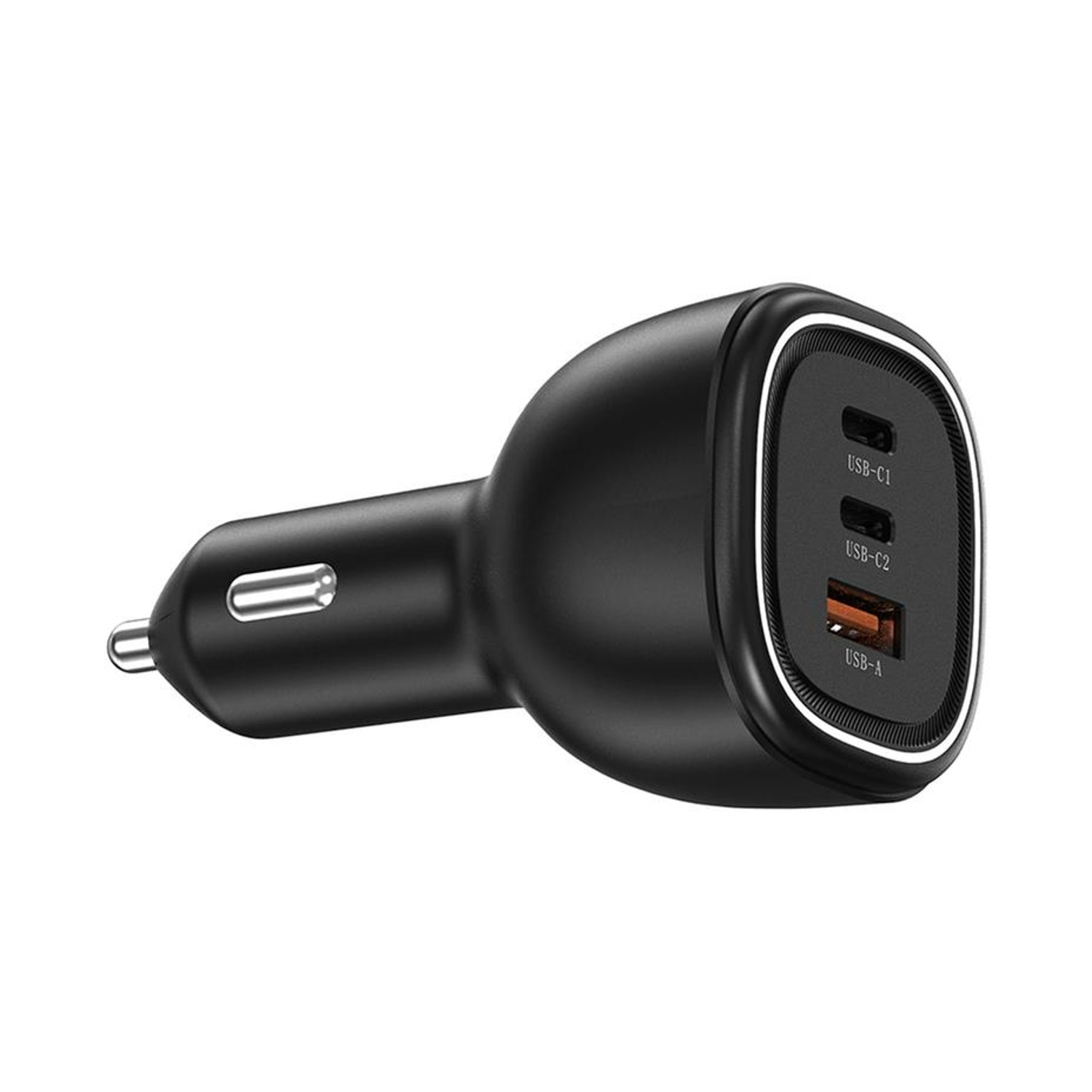 Caricabatterie per auto nero con tre porte USB: due USB-C e una USB-A.