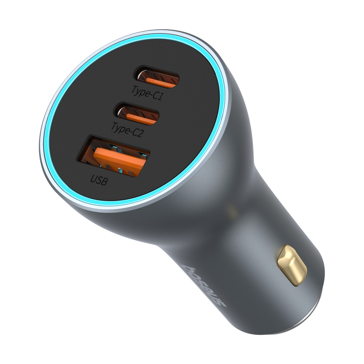 Caricatore grigio con due porte USB-C e una porta USB-A, con bordo LED blu.