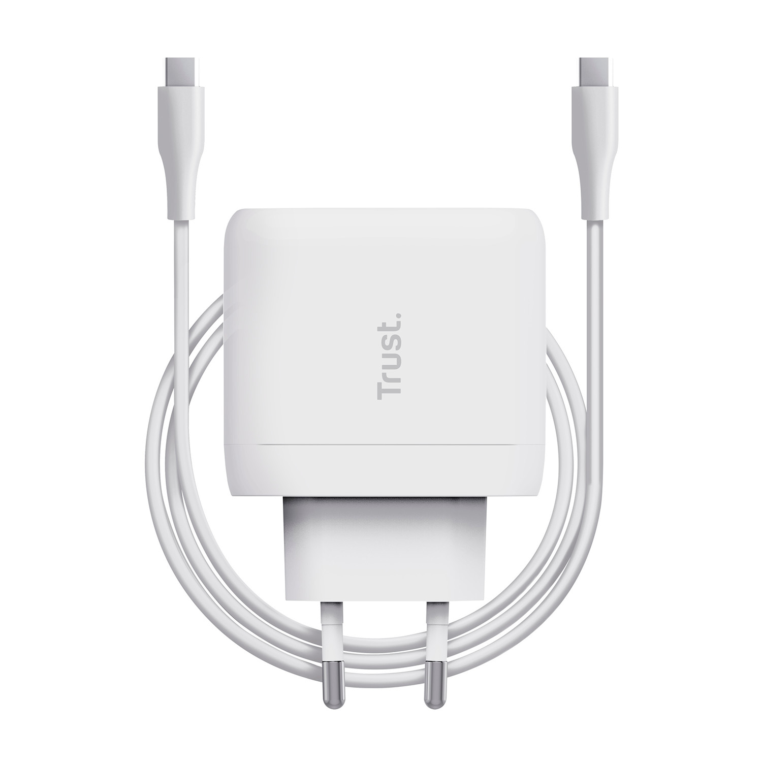 Un alimentatore USB-C bianco con due cavi avvolti attorno.