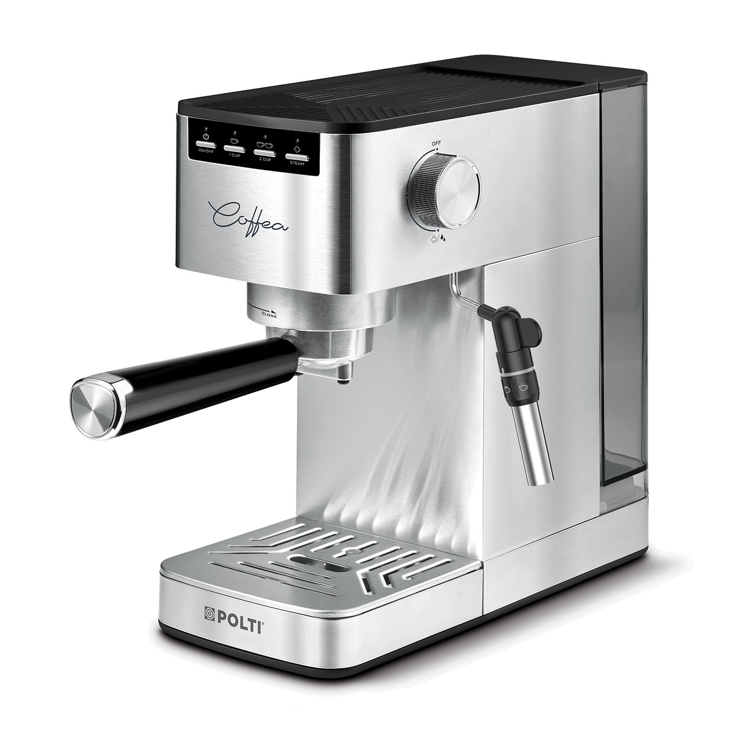 Srebrna maszyna do kawy z czarnym uchwytem i przyciskami sterującymi.