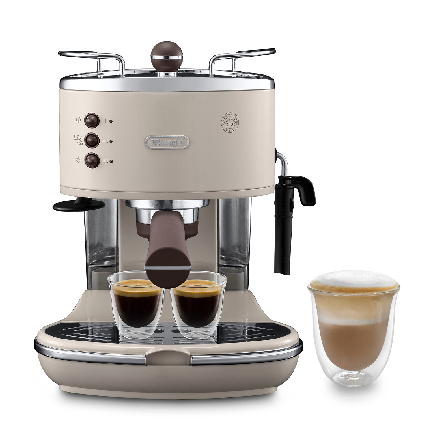 Beżowy ekspres do kawy z dwoma espresso i jedną kawą z mlekiem.