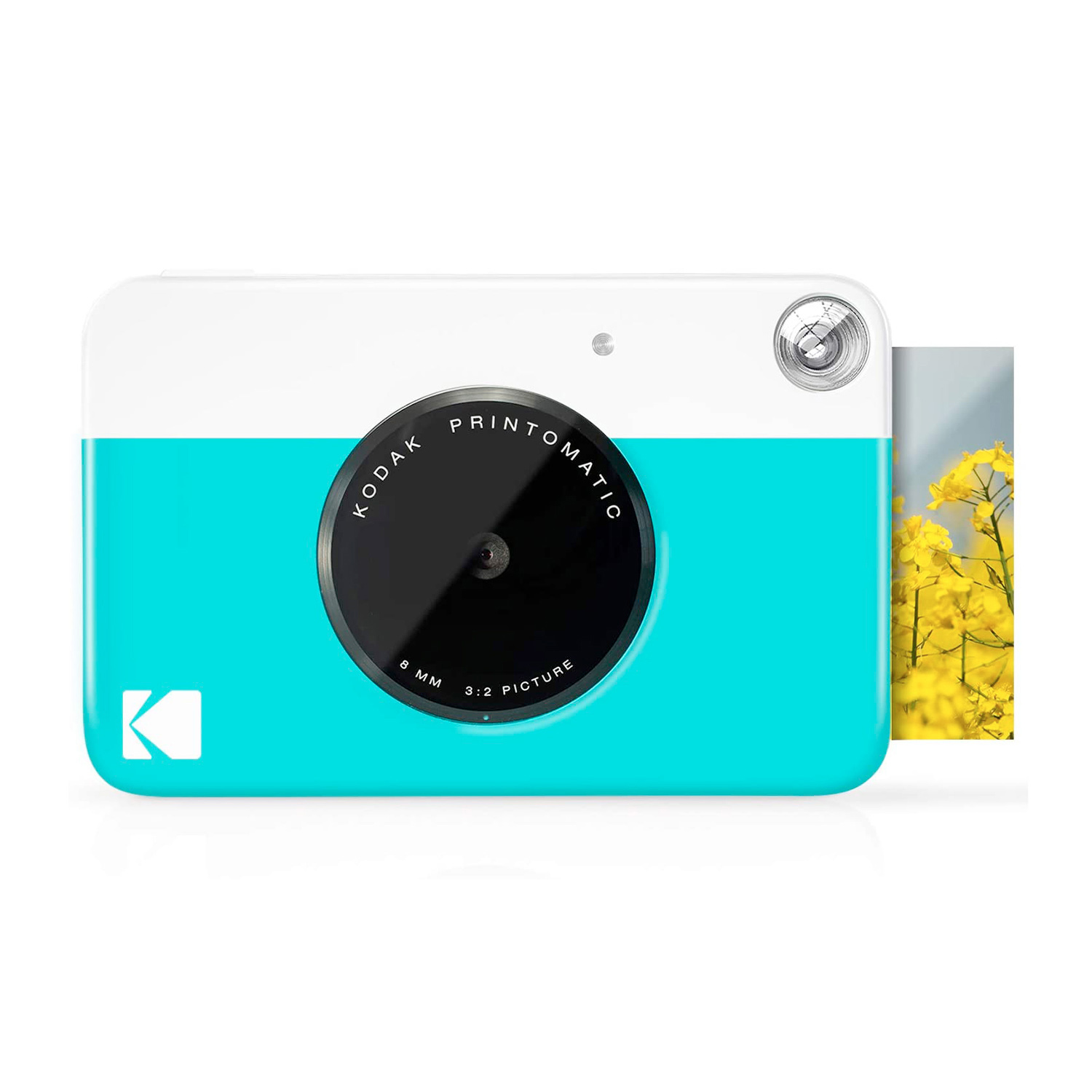 Una fotocamera istantanea Kodak Printomatic bianca e turchese con una foto di fiori gialli.