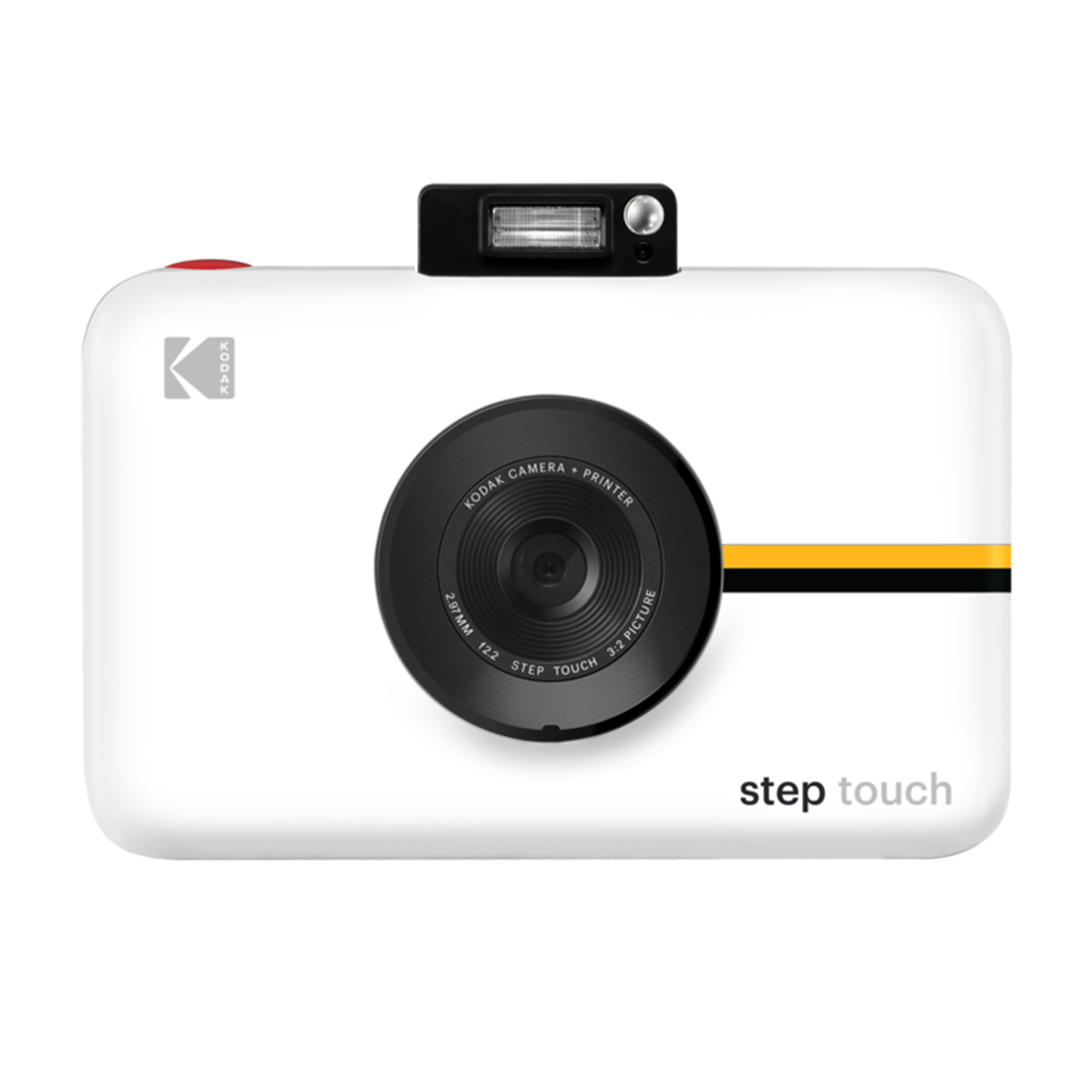 Una fotocamera Kodak Step Touch bianca con obiettivo e flash neri. Presenta strisce gialle e nere.
