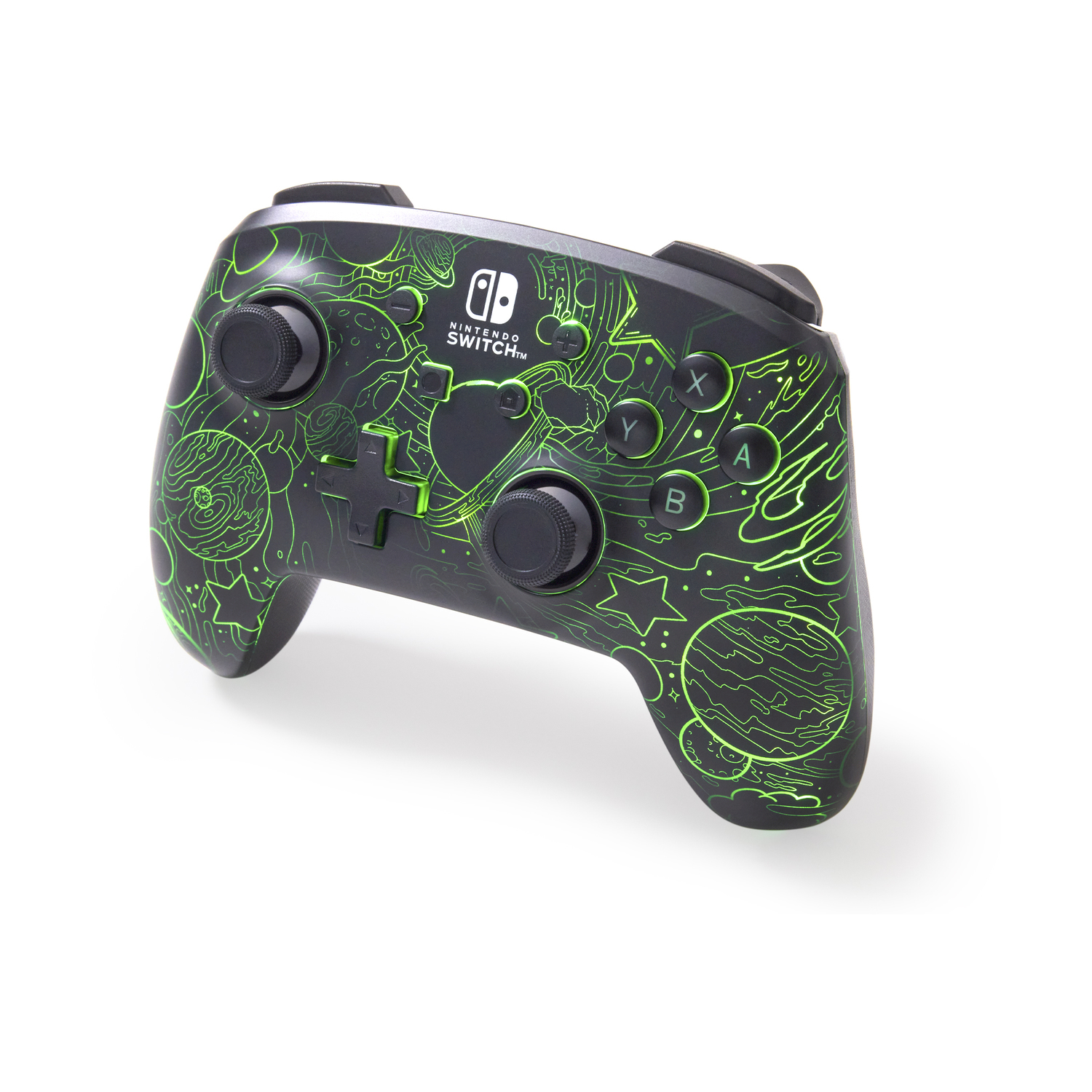 Czarny kontroler Nintendo Switch Pro z zielonym motywem kosmicznym.