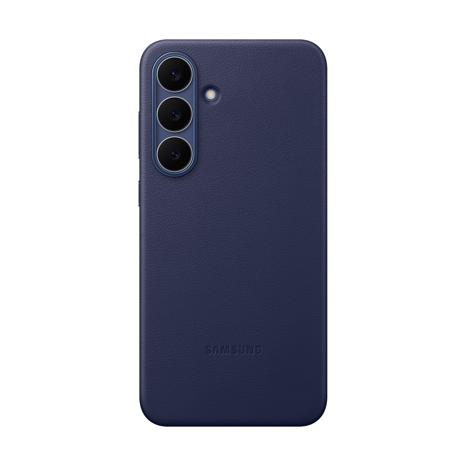 Custodia blu scuro con tre obiettivi e logo Samsung.