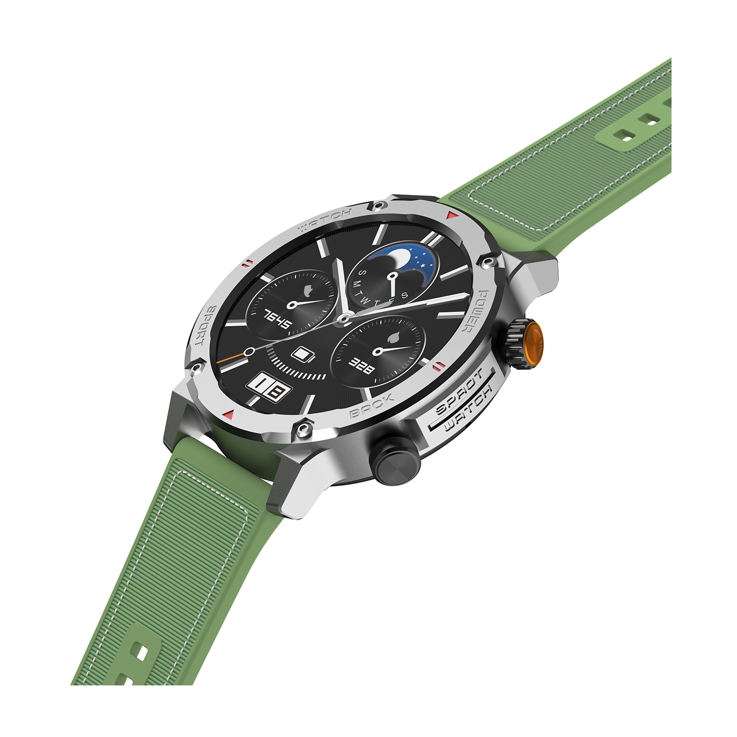 Srebrny smartwatch z zielonym paskiem i czarną tarczą, szczegółowa tarcza.