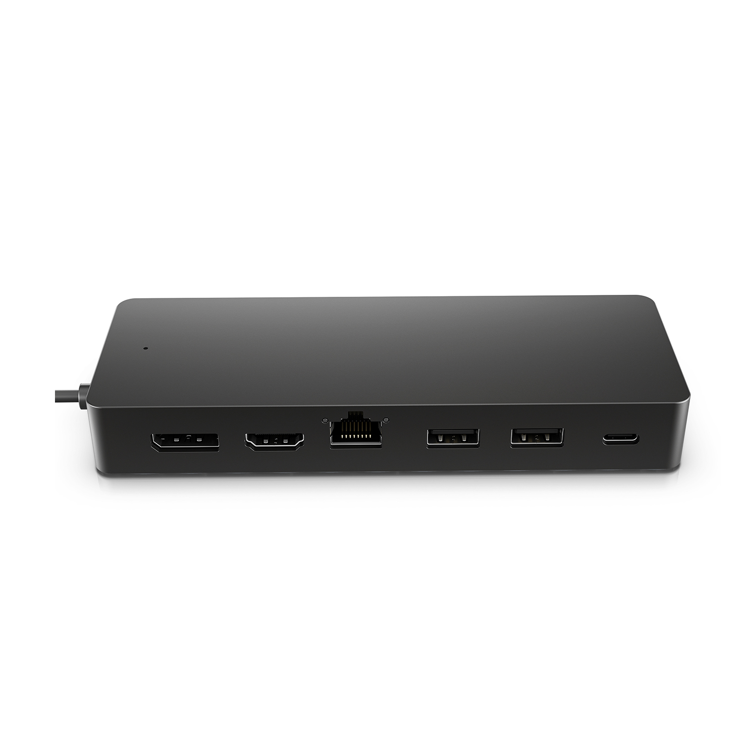 Hub USB-C nero con due porte HDMI, Ethernet e tre porte USB.