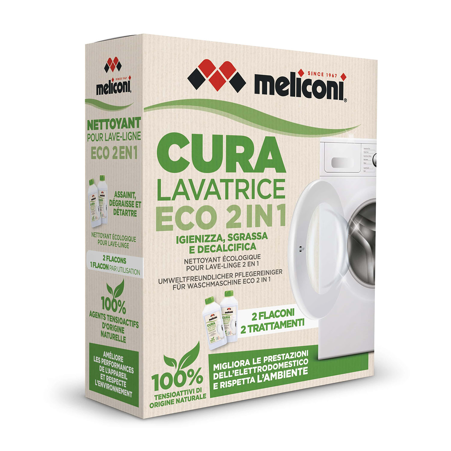 Embalaje Meliconi para limpiador de lavadora, Eco 2en1, 2x botellas de 500ml.