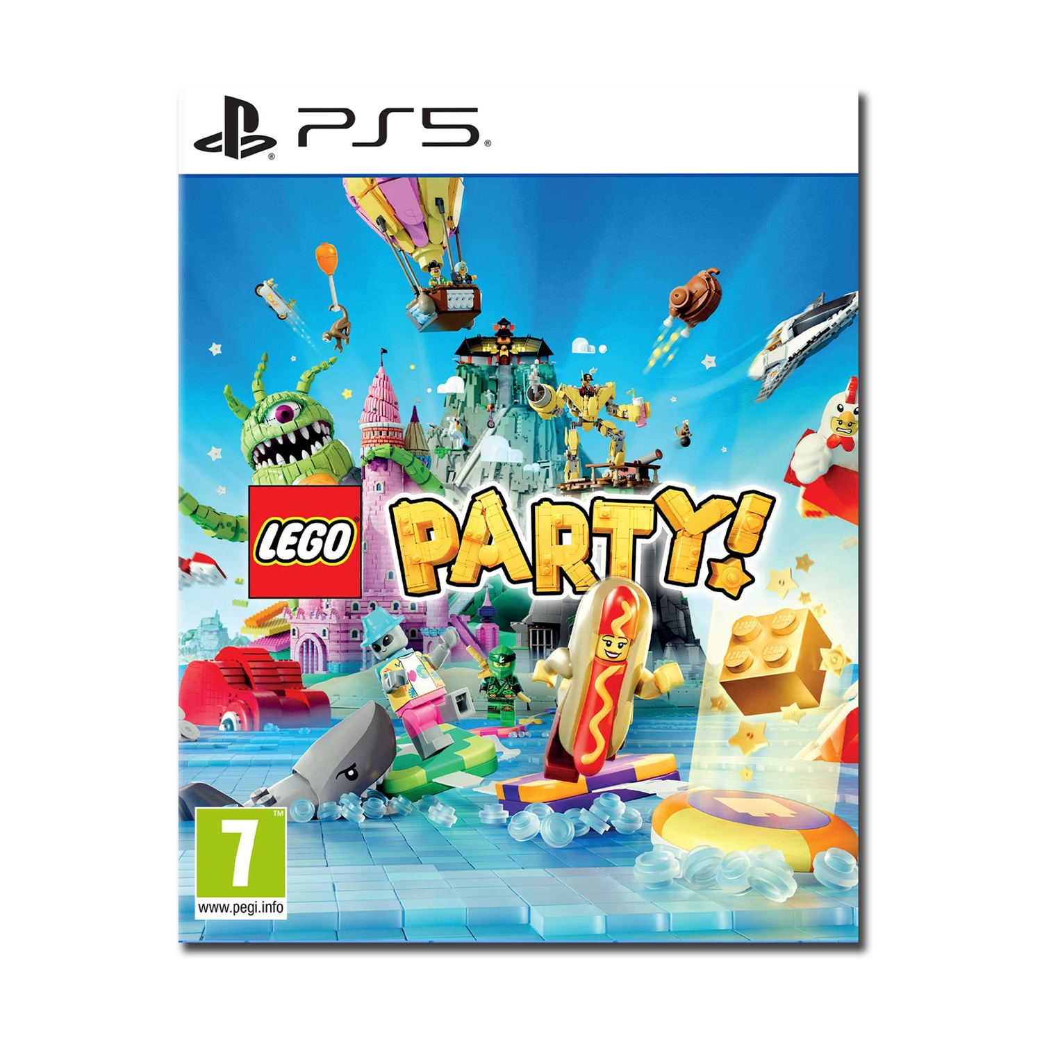 Portada LEGO Party PS5: Colorida mezcla de figuras Lego, monstruo, robot, hot dog.